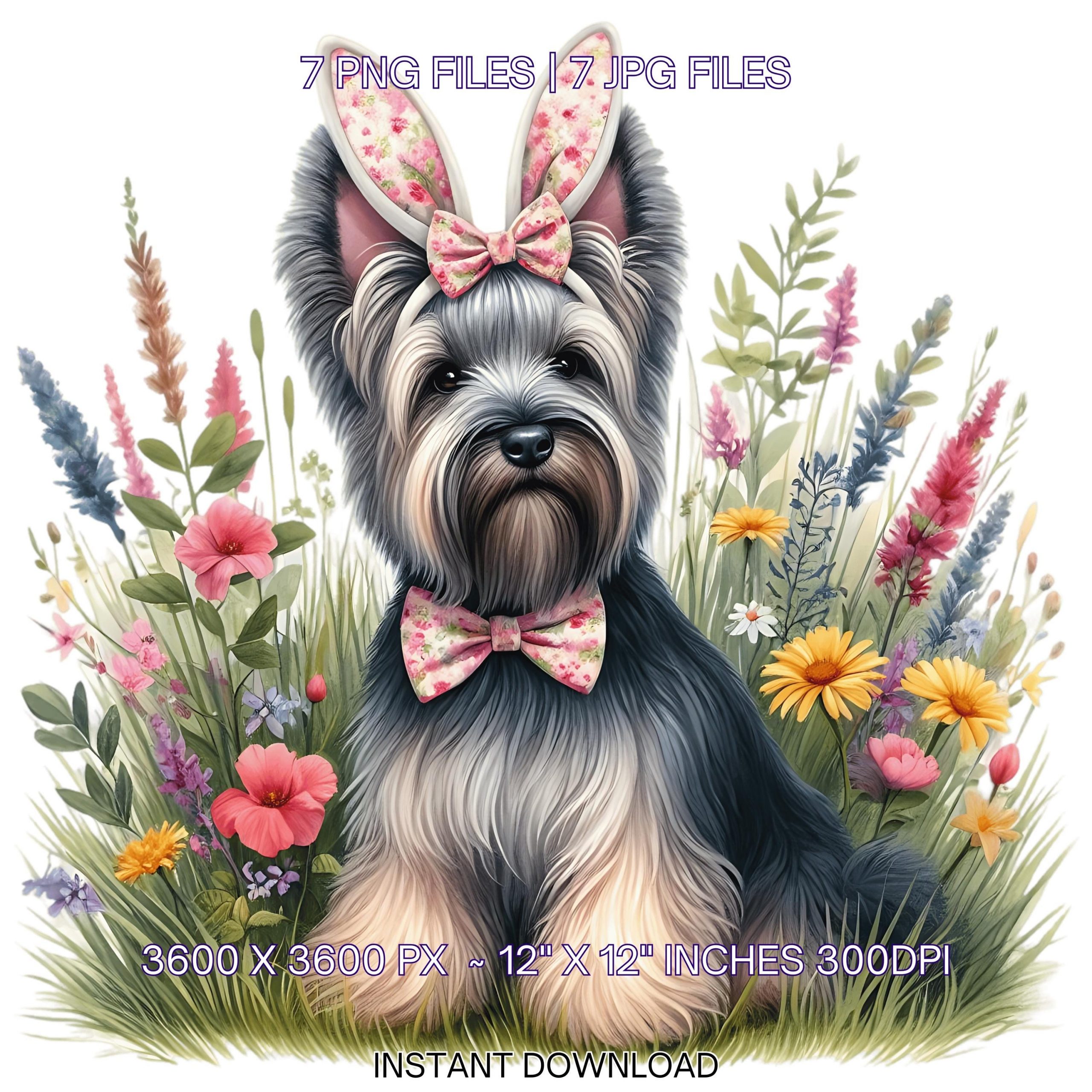 Easter Skye Terrier Dog Wearing Floral Bow & Bunny Ear Handband Ready for Easter Egg Hunting Clipart PNG, 7 Dog Lover Commercial – Instant Digital Download