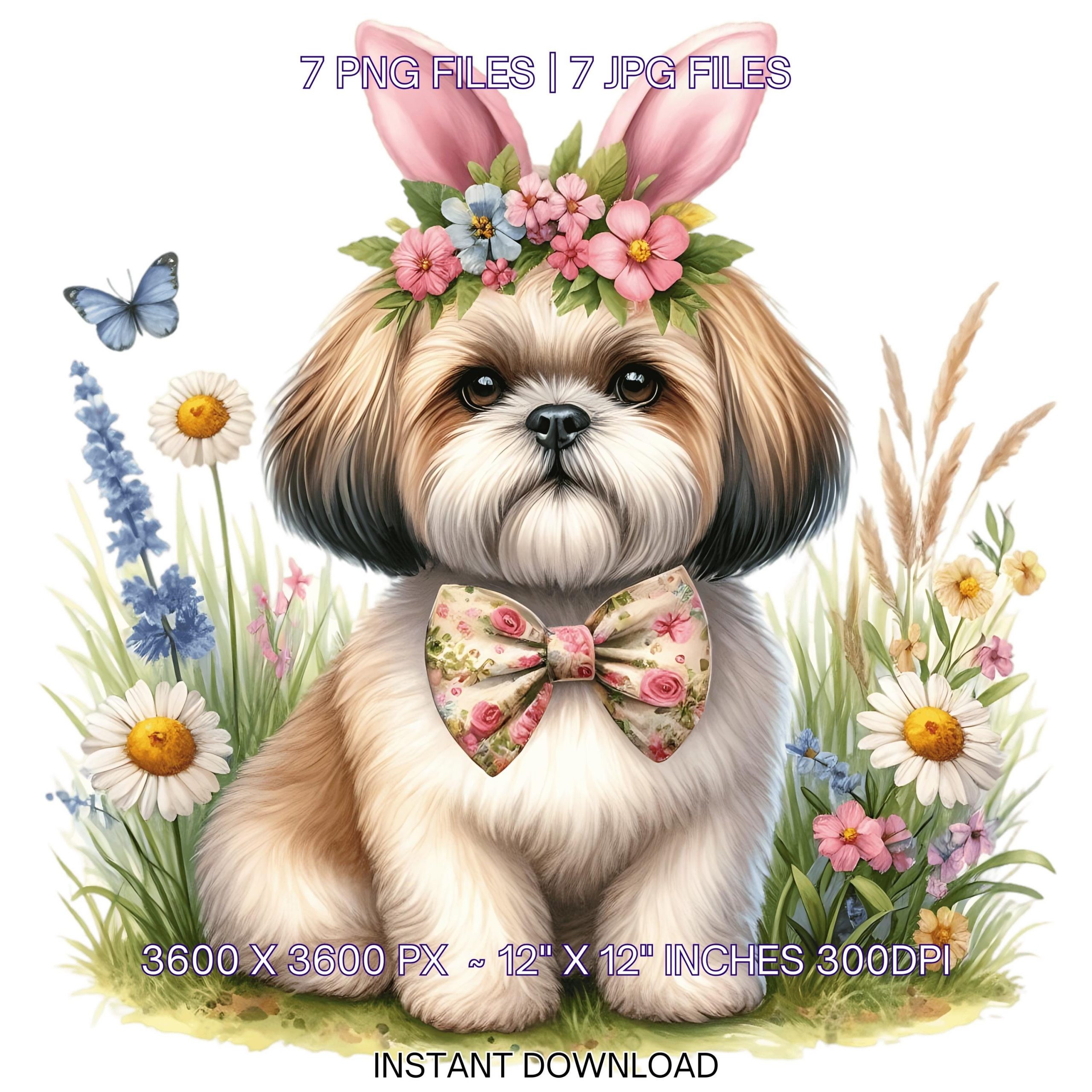 Easter Shih Tzu Dog Wearing Floral Bow & Bunny Ear Handband Ready for Easter Egg Hunting Clipart PNG, 7 Dog Lover Commercial Use – Instant Digital Download