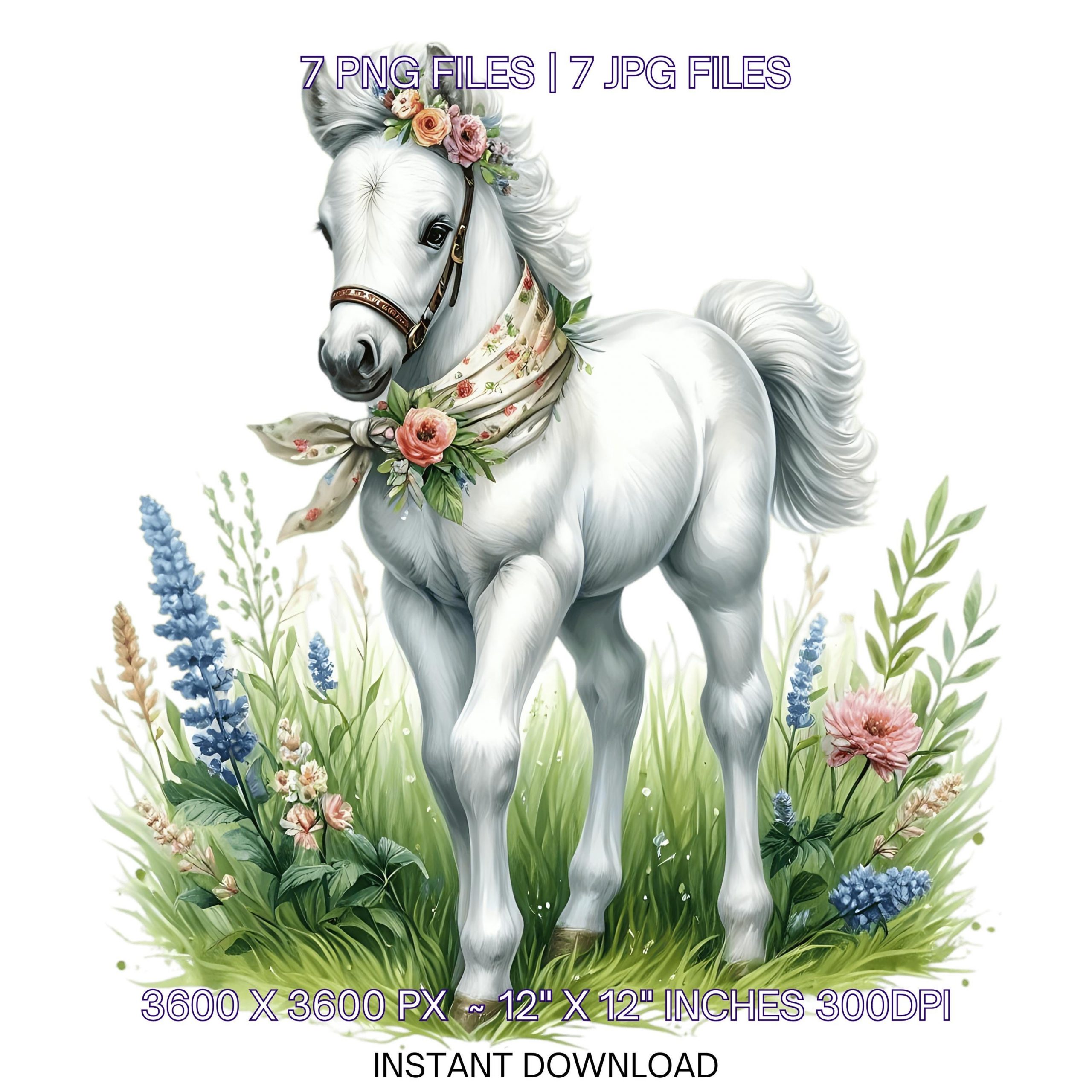 7 Spring White Foal PNG Clipart, Watercolor Horse, Farm Animals, Card Making, Scrapbooking, Junk Journaling, Sublimation, Commercial Use – Instant Digital Download