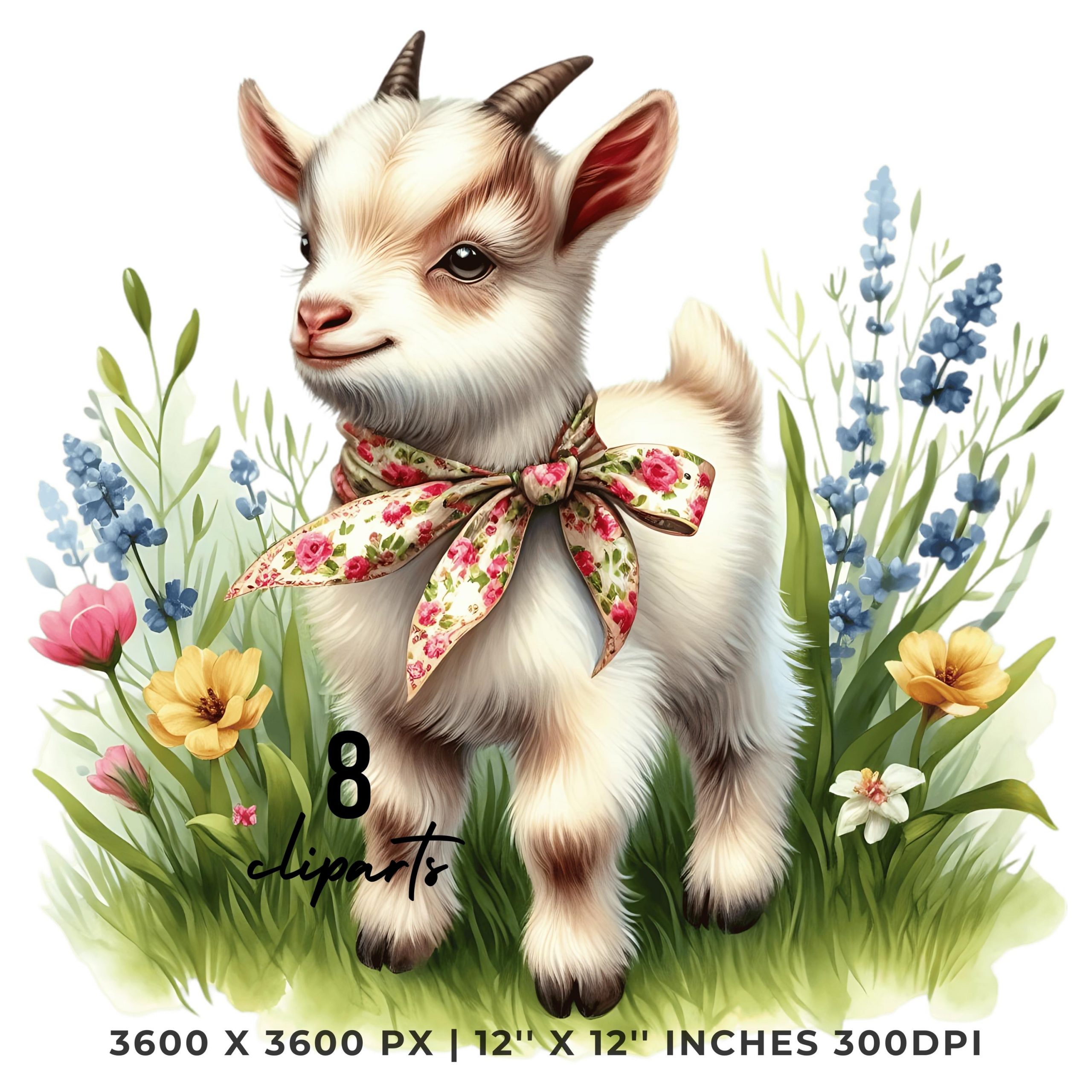 8 Spring Little Goat PNG Clipart, Watercolor Goat, Farm Animal, Card Making, Scrapbooking, Junk Journaling, Sublimation Image Commercial Use – Instant Digital Download
