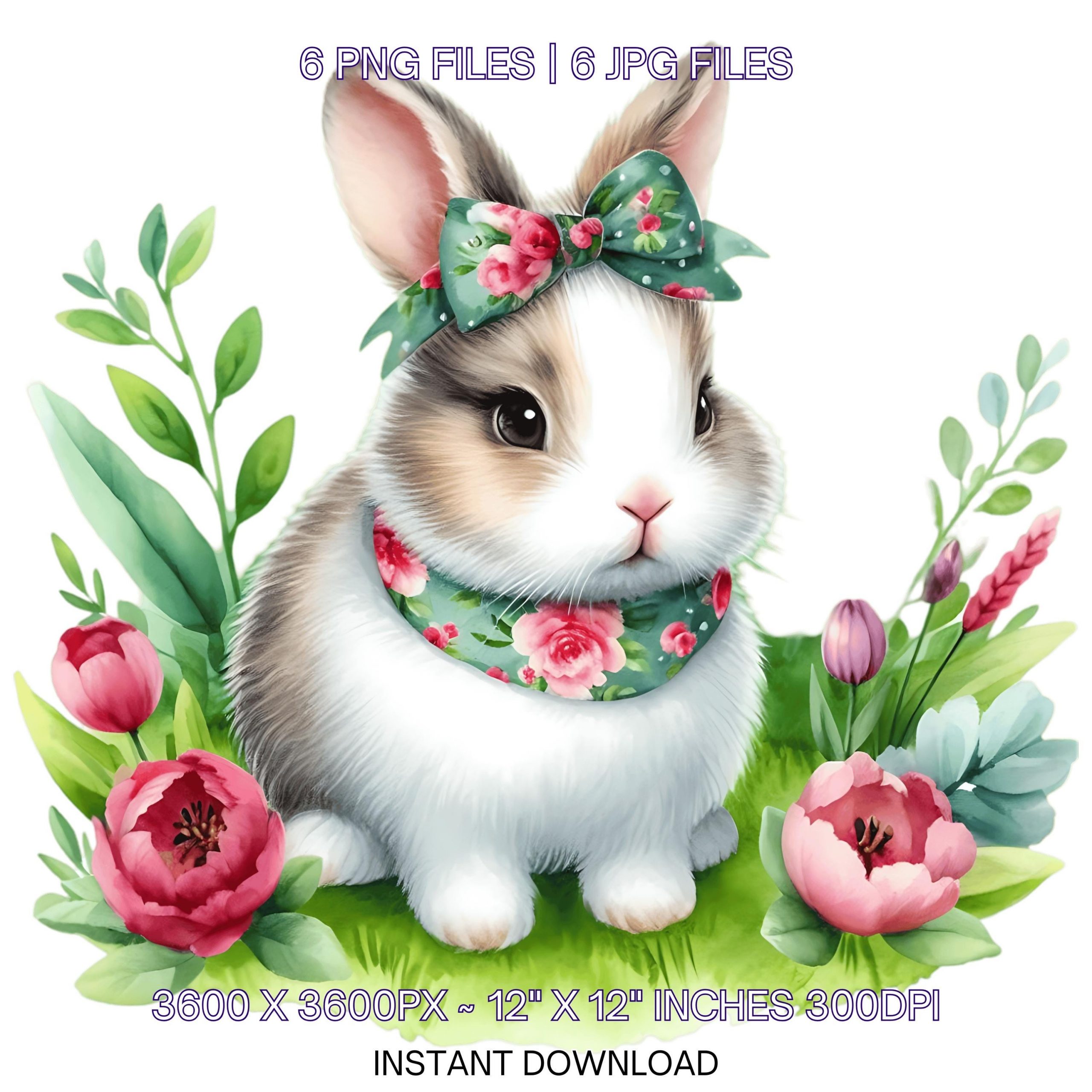 6 Spring Little Rabbit PNG Clipart, Watercolor Coney, Farm Bunny, Card Making, Scrapbooking, Junk Journaling, Sublimation, Commercial Use – Instant Digital Download