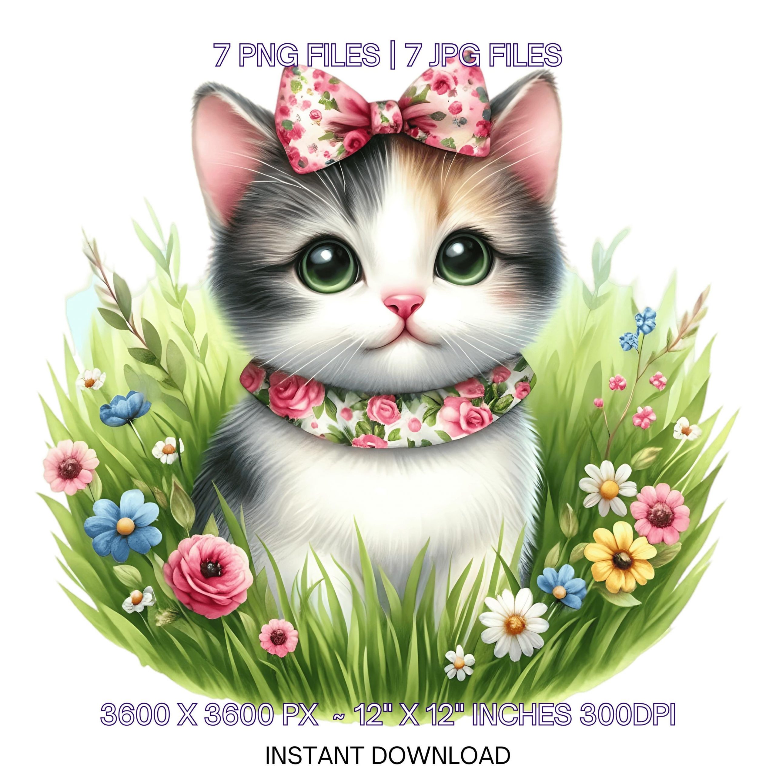 7 Spring Little Cat PNG Clipart, Watercolor Cat, Family Pet, Card Making, Scrapbooking, Junk Journaling, Sublimation Image Commercial Use – Instant Digital Download