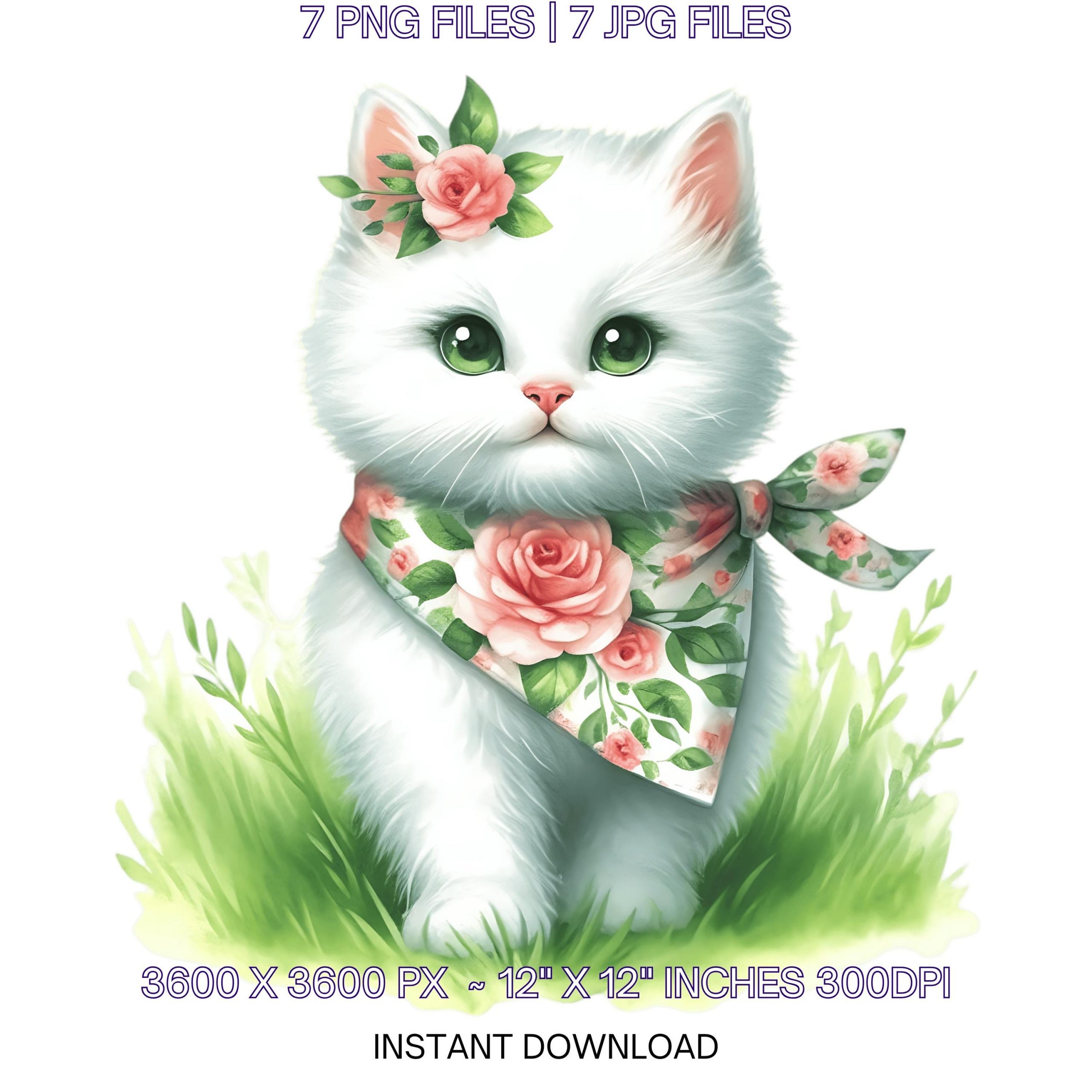 7 Spring White Little Cat PNG Clipart, Watercolor Cat, Family Pet, Card Making, Scrapbooking, Junk Journaling, Sublimation, Commercial Use – Instant Digital Download