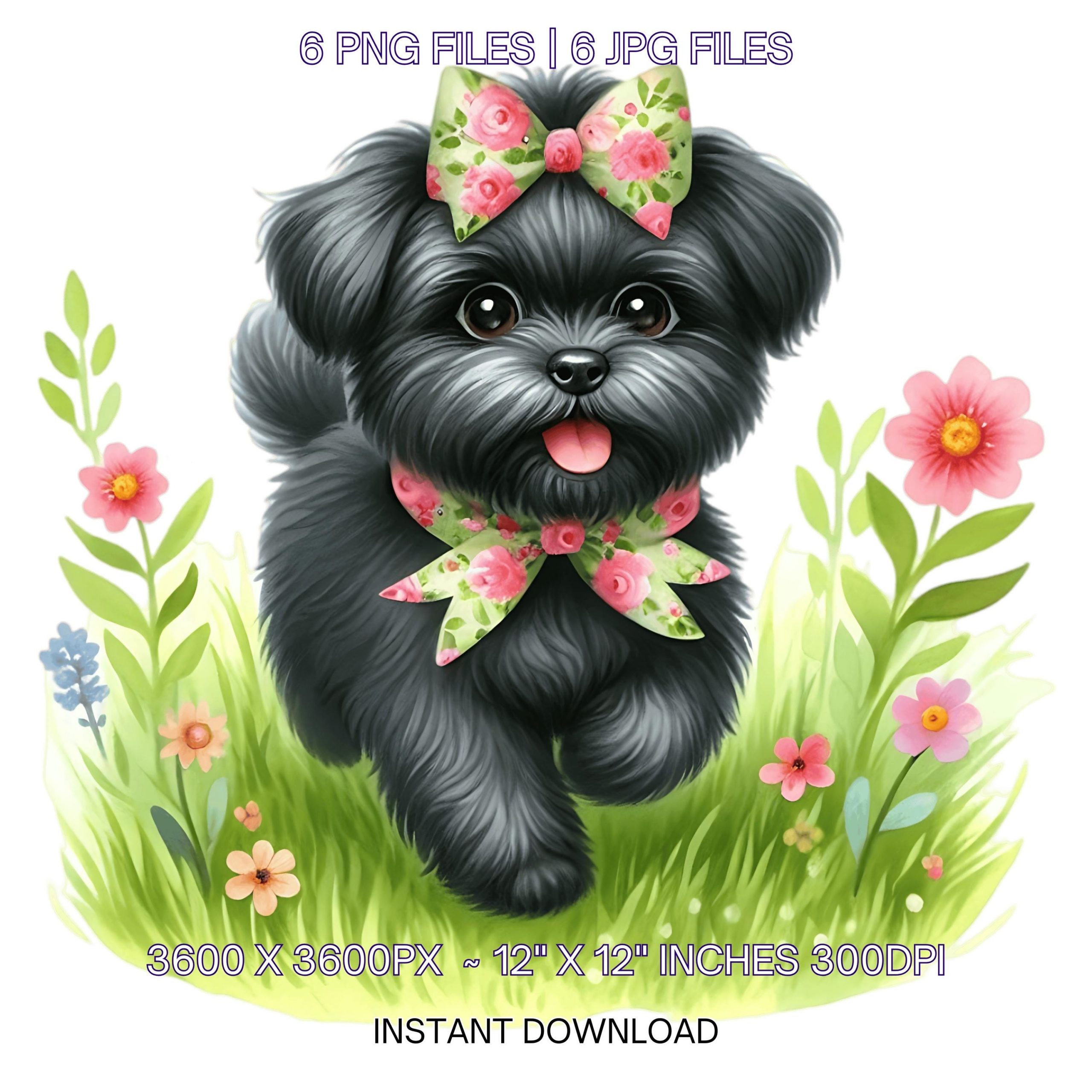 6 Spring Black Doggy PNG Clipart, Watercolor Little Dog, Family Pet, Card Making, Scrapbooking, Junk Journaling, Sublimation Commercial Use – Instant Digital Download