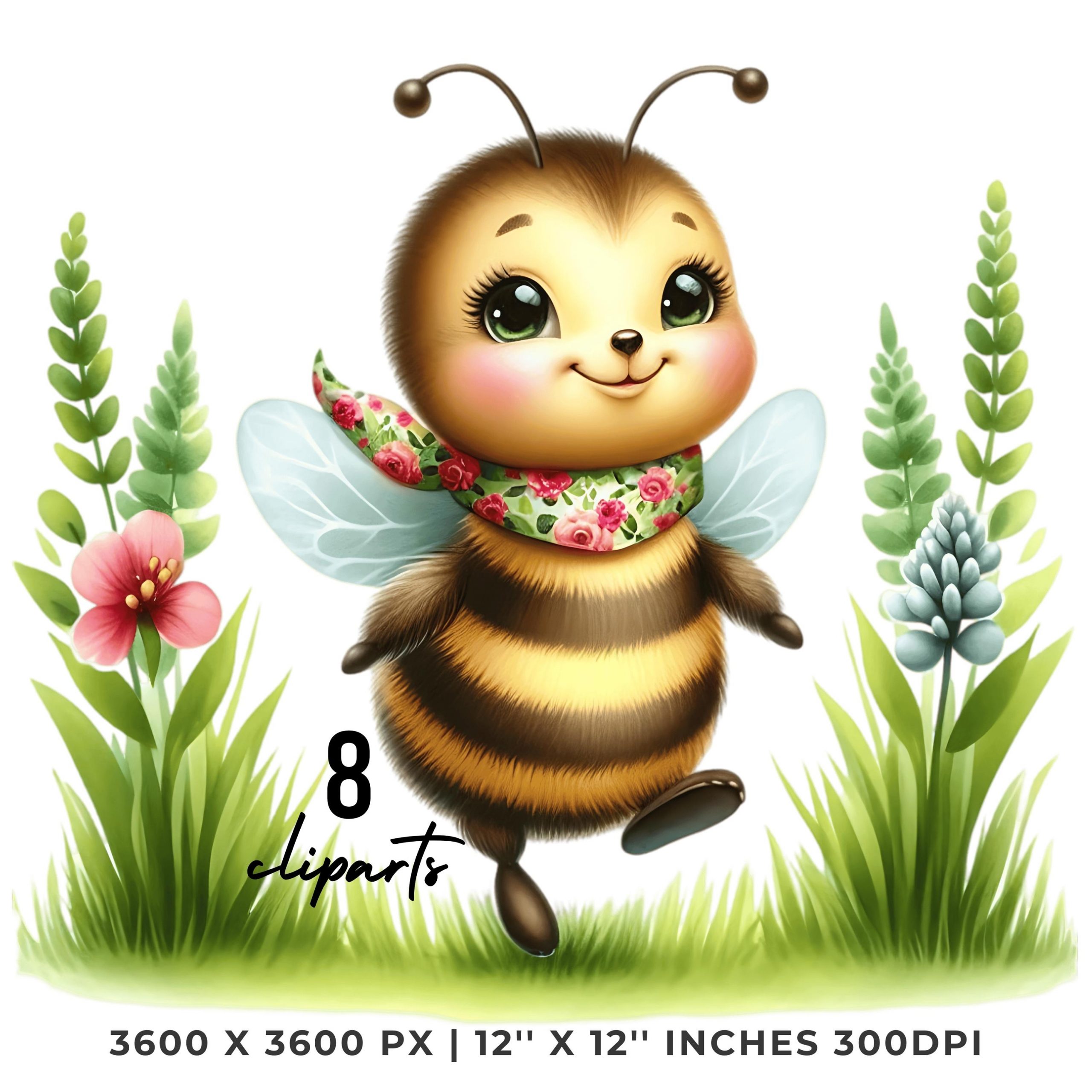8 Spring Little Bee PNG Clipart, Watercolor Bee, Wild Life Animal, Card Making, Scrapbooking, Junk Journaling, Sublimation, Commercial Use – Instant Digital Download
