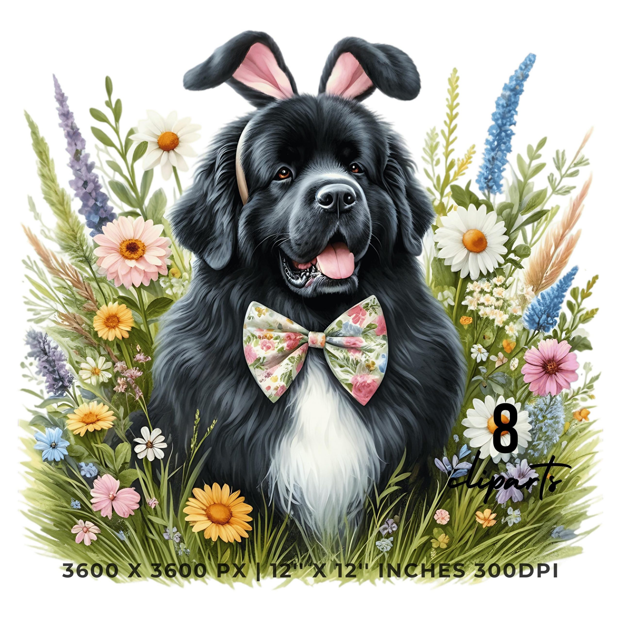 Black White Newfoundland Landseer Dog Wearing Floral Bow & Bunny Ear Handband Ready | Easter Egg Hunting Clipart PNG, 8 Dog Lover Commercial – Instant Digital Download