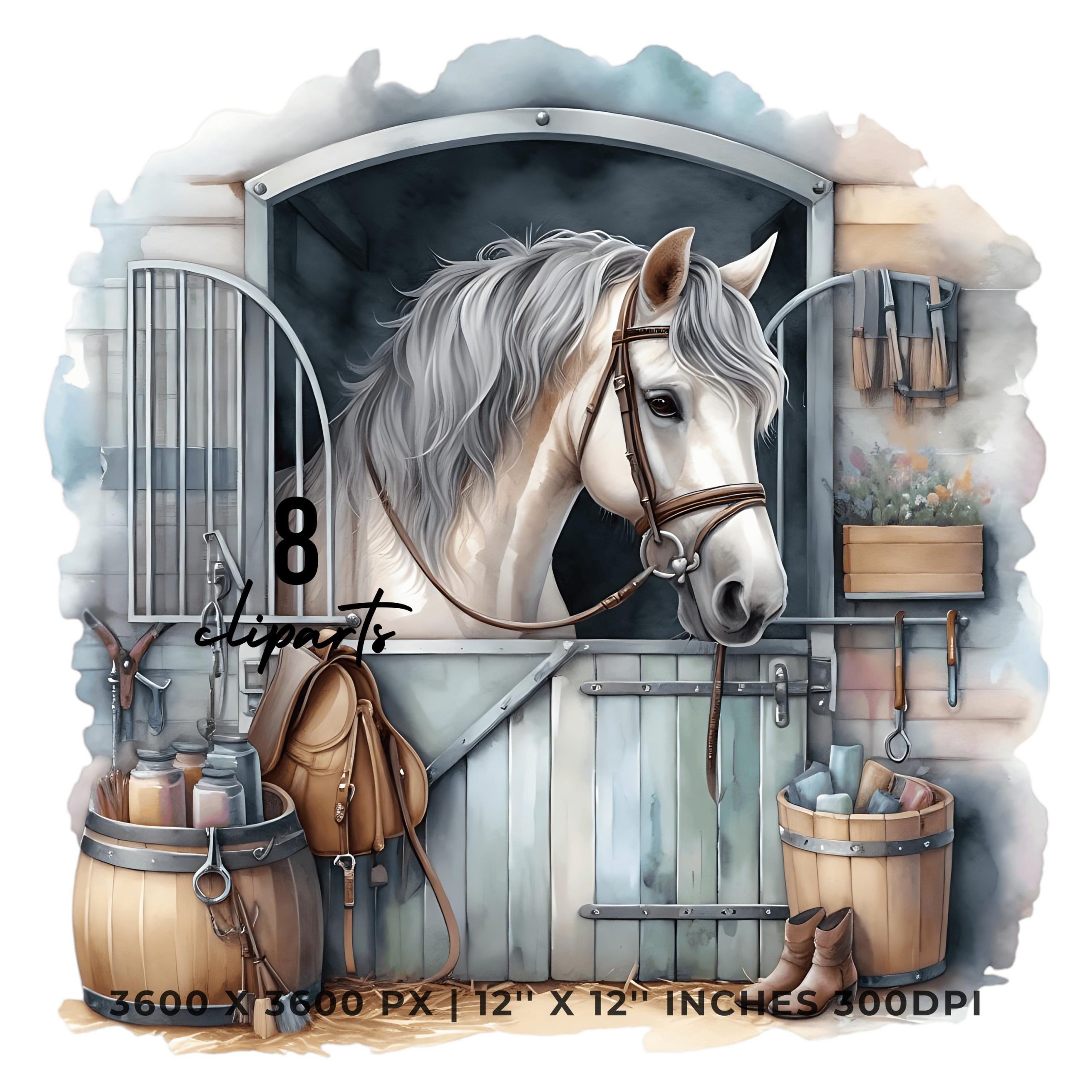 Horse in Stable Clipart PNG | 8 Watercolor Horse Stall Clipart Sublimation | Country Boy Things Illustration Commercial use – Instant Digital Download