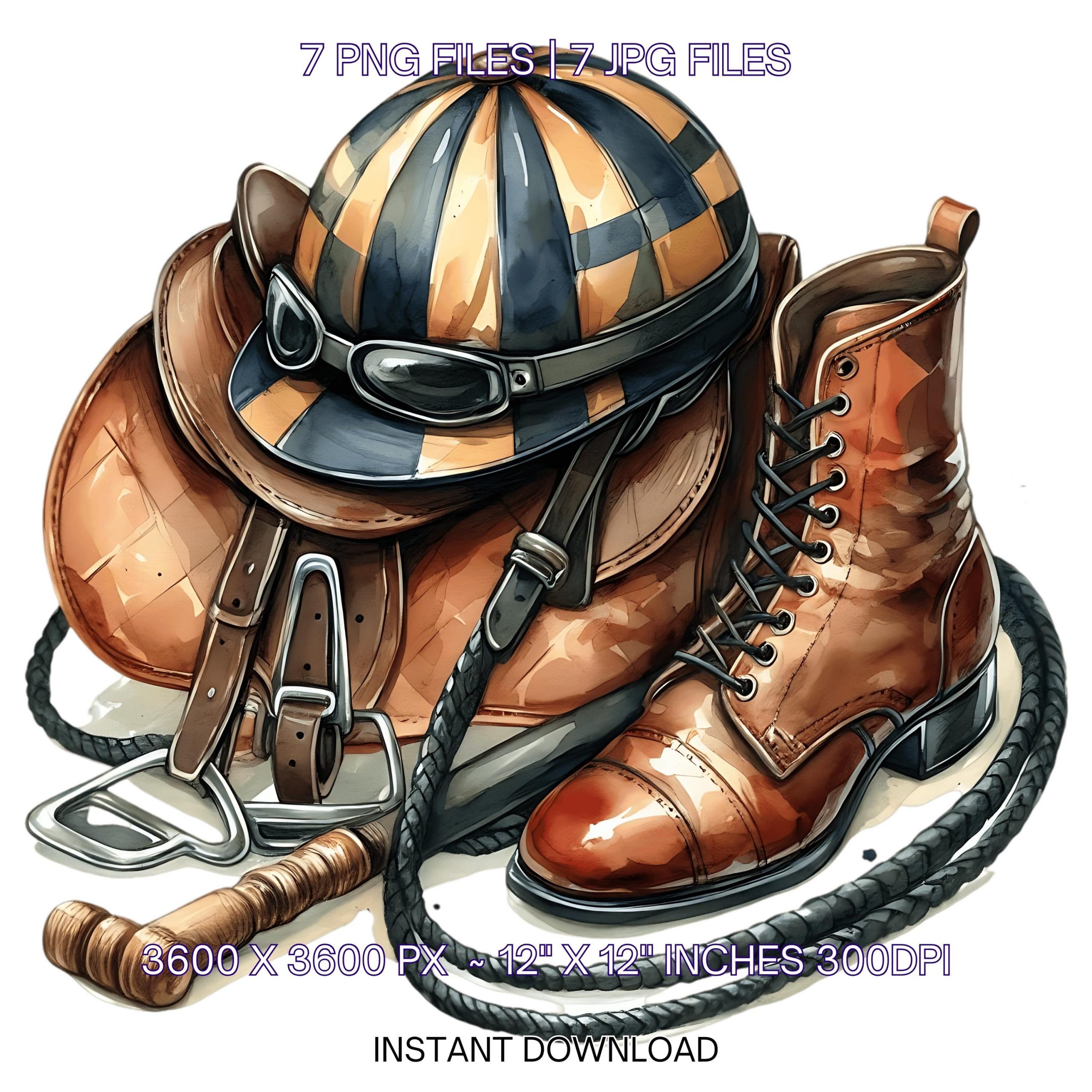 Jockey Hat & Boots with Horse Saddle Clipart PNG | 7 Watercolor Jockey Goods Sublimation | Country Boy Things Illustration Commercial use – Instant Digital Download