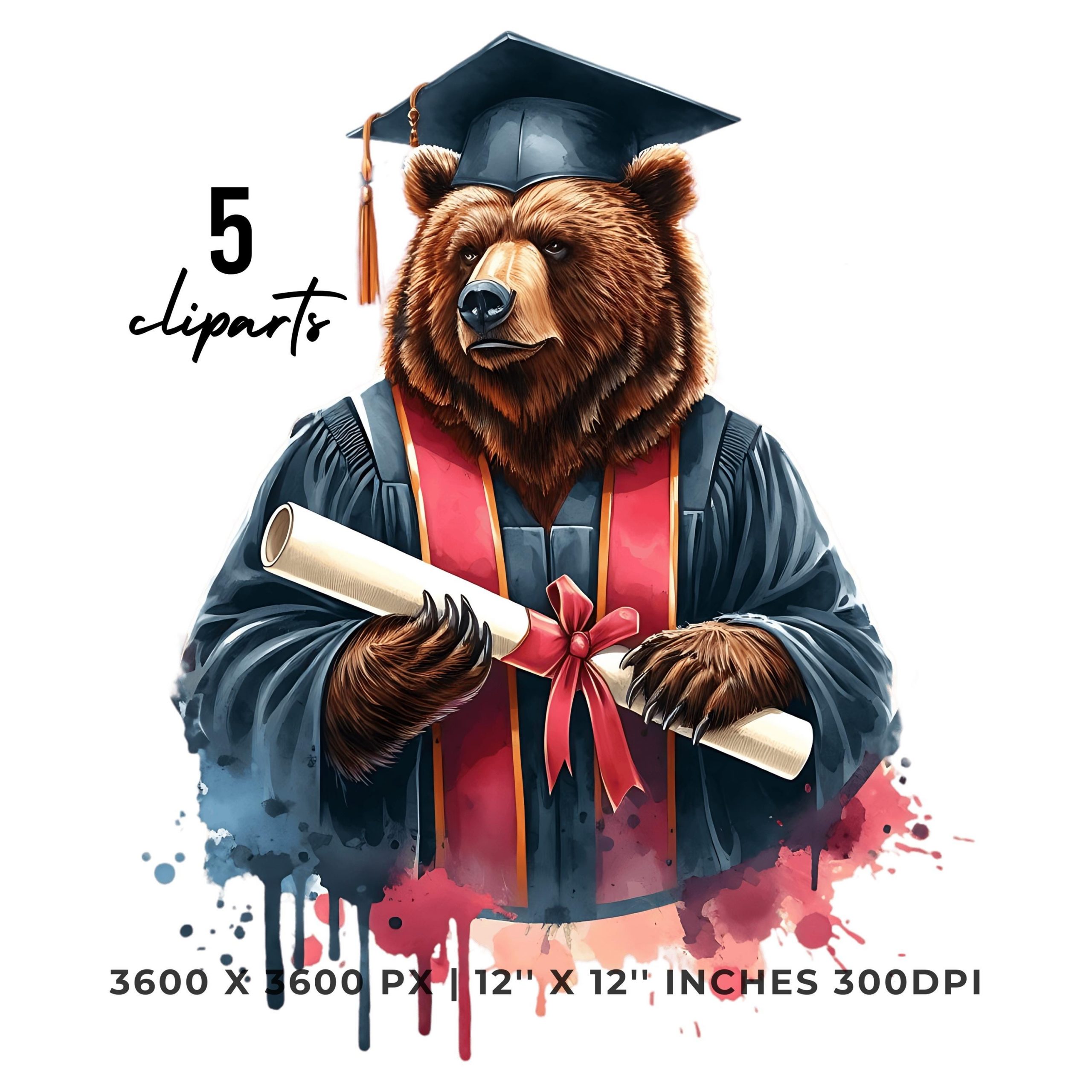 Graduation Grizzly Clipart Grad Student | 5 Grizzly Bear wearing Cap holding a Diploma PNG | College Graduate Sublimation | Commercial Use – Instant Digital Download