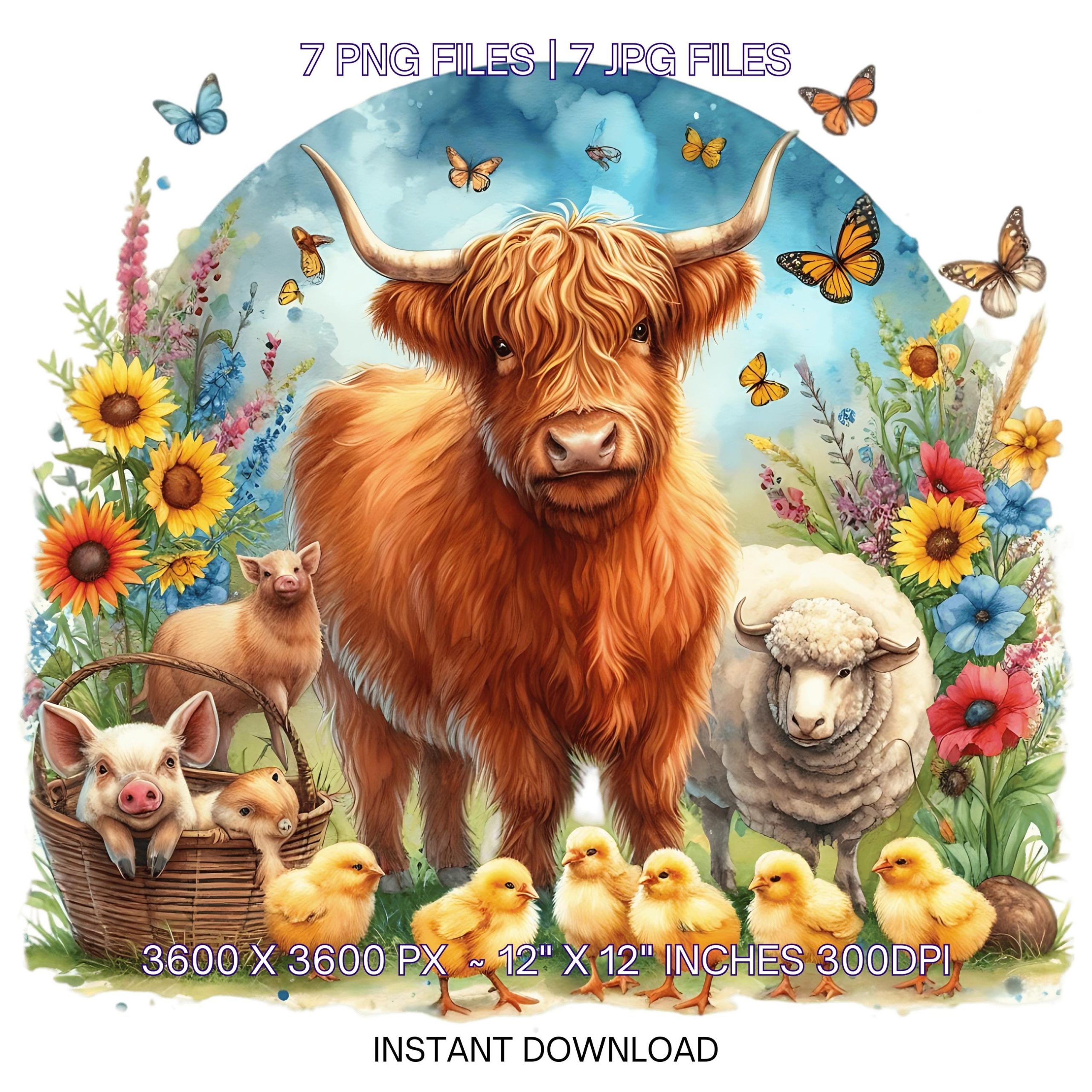 Spring Animal Farm Clipart | Highland Cow, Pig, Sheep, Hen, Yellow Chick, Wildflowers, Butterflies, Bees, Farmyard 7 PNG-JPG Commercial Use – Instant Digital Download