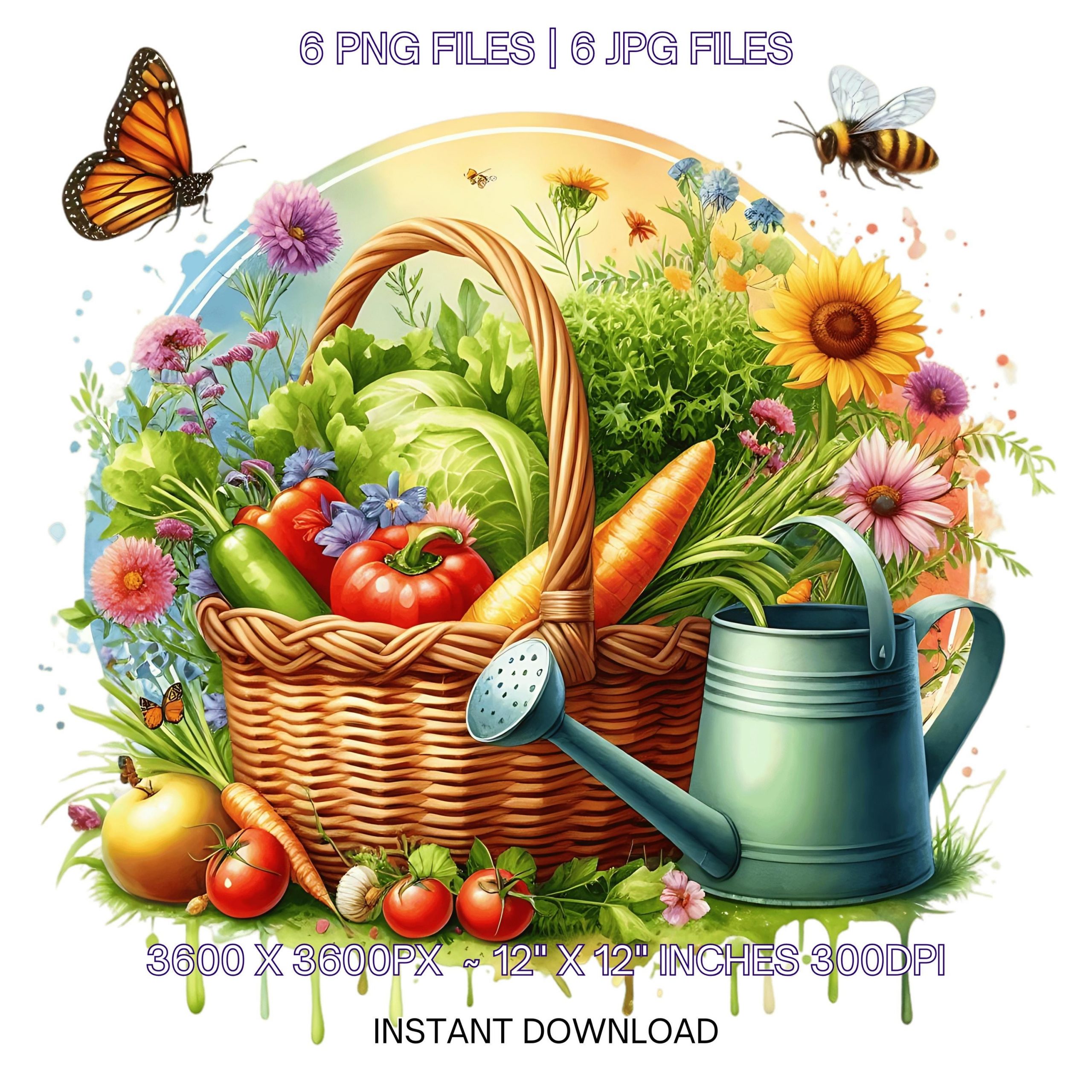 Spring Farm Clipart with Fresh Vegetables Woven Basket Near Watering Can, Bees Buzzing & Wildflowers | Farmyard | 6 PNG-JPG Commercial Use – Instant Digital Download