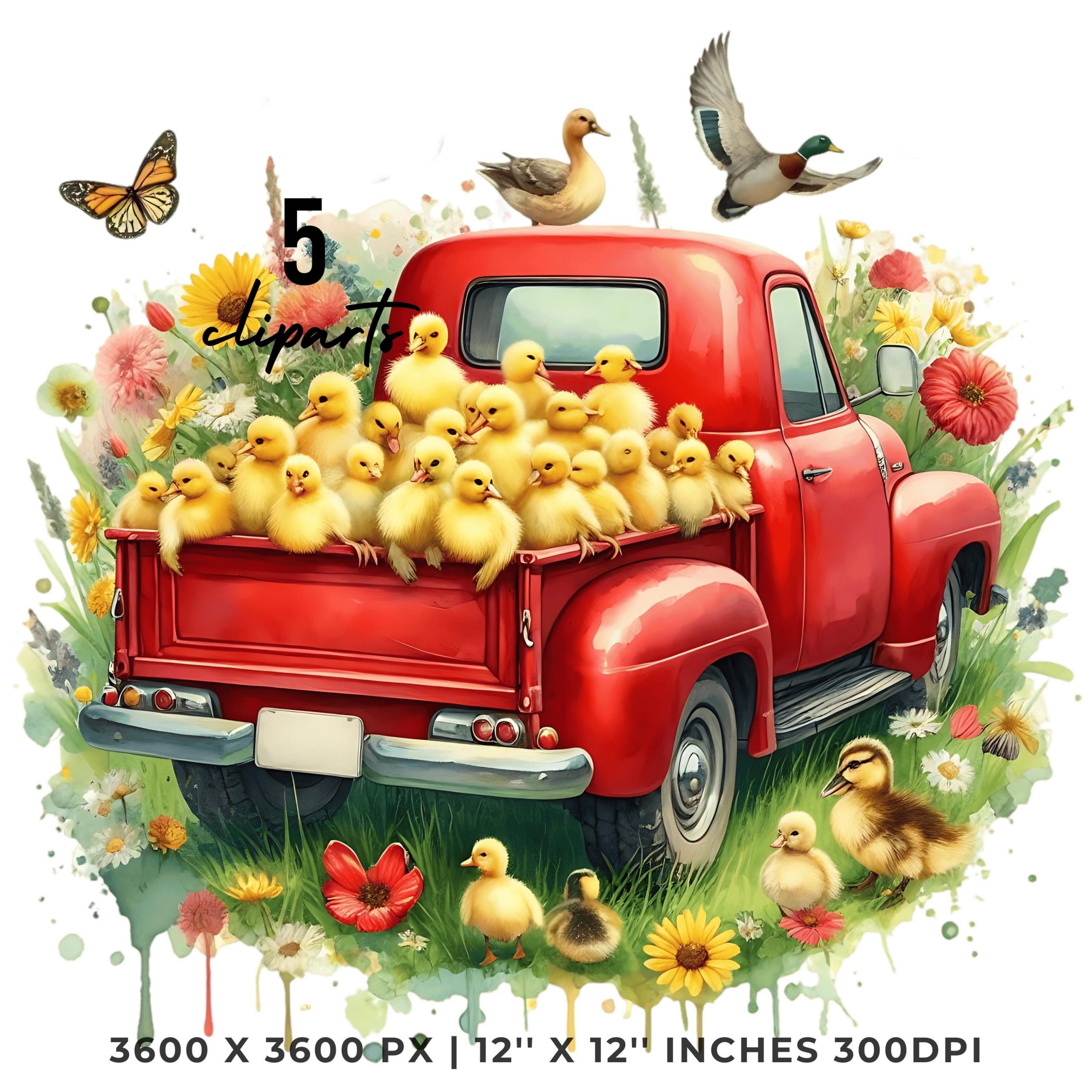 Vintage Red Truck loaded with Yellow Chicks & Wildflowers | Rustic Farm Truck  PNG Clipart | 5 5 PNG-JPG Sublimation Design | Commercial Use – Instant Digital Download