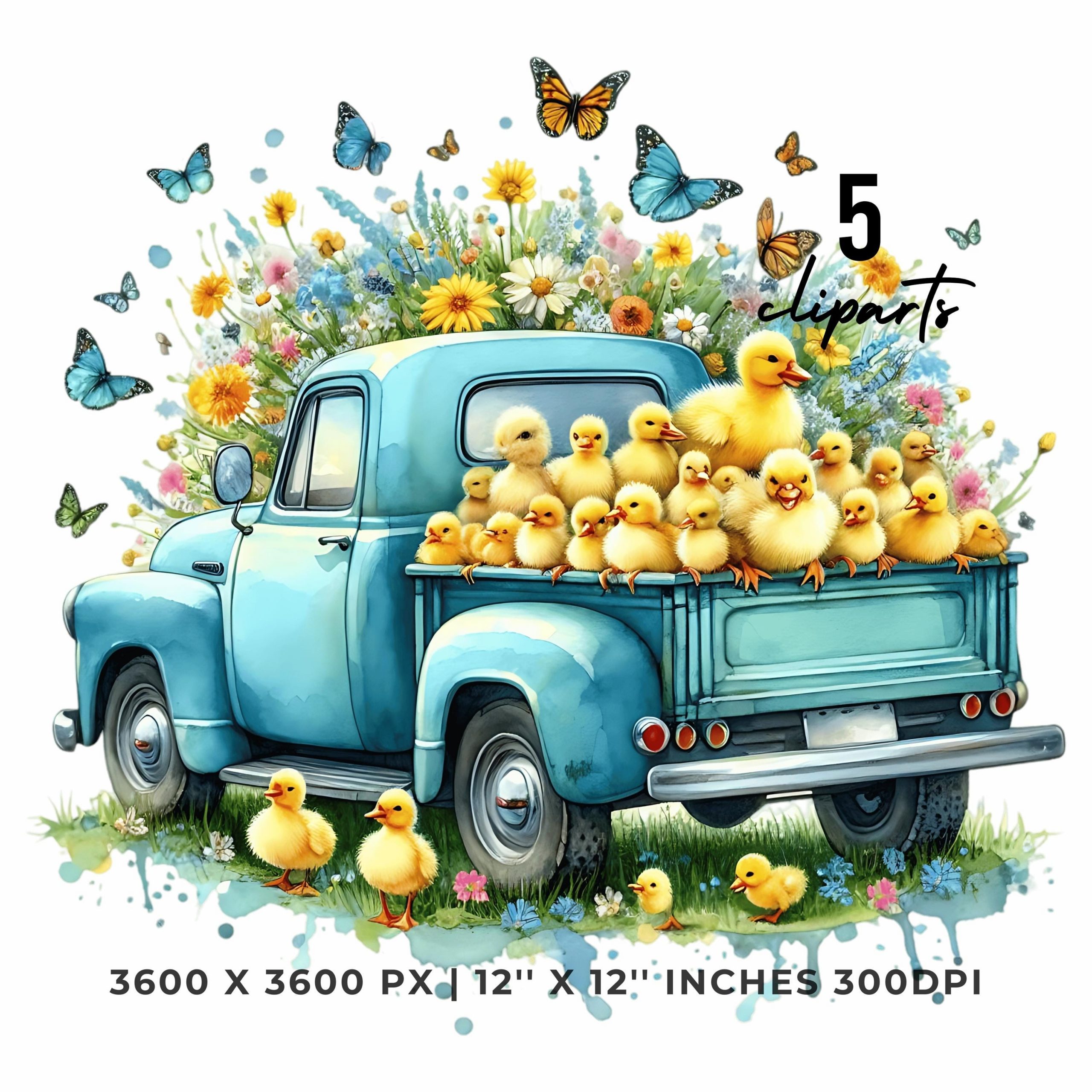 Vintage Blue Truck loaded with Yellow Chicks & Wildflowers | Rustic Farm Truck  PNG Clipart |  5 PNG-JPG Sublimation Design | Commercial Use – Instant Digital Download