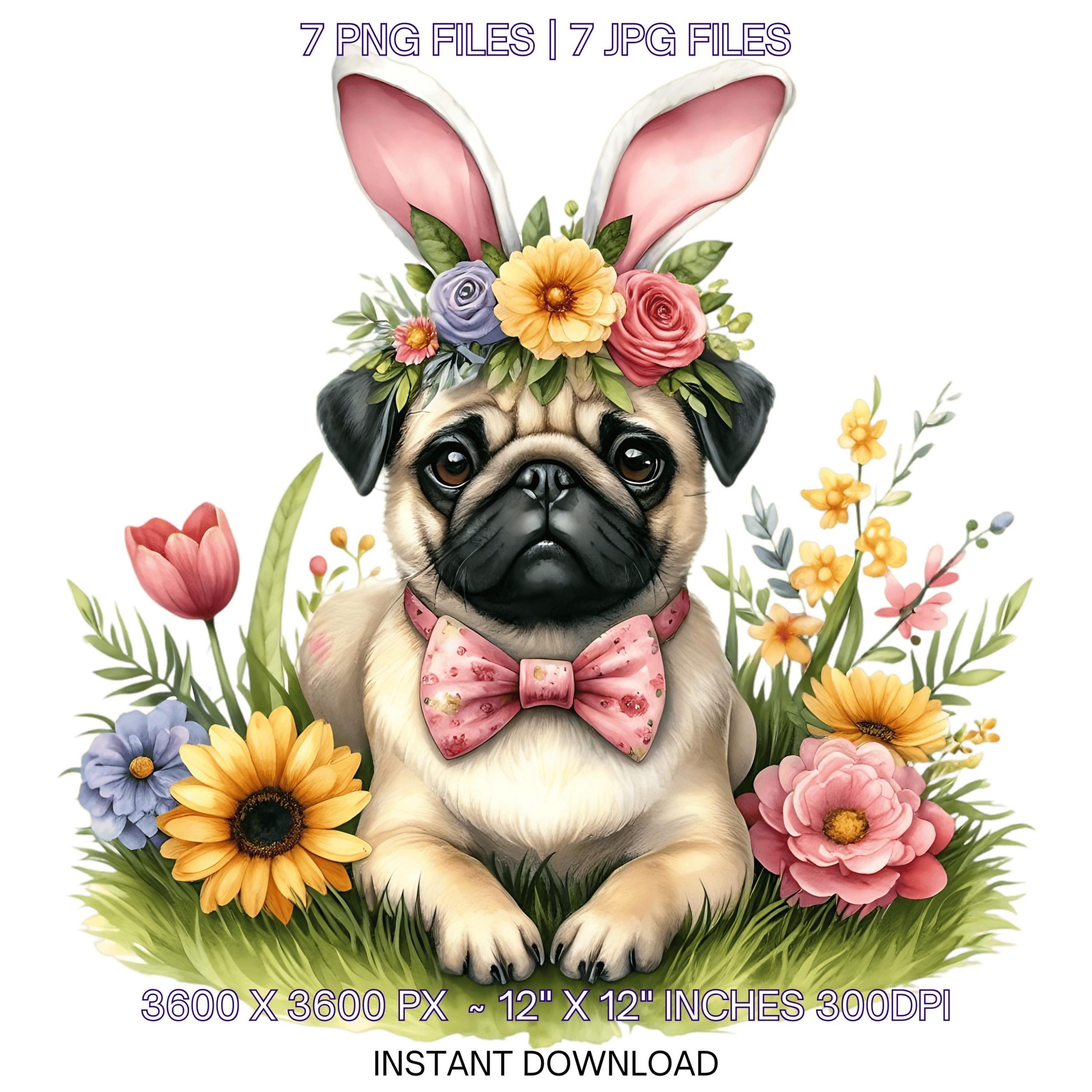 Easter Pug Dog Wearing Floral Bow & Bunny Ear Handband Ready for Easter Egg Hunting Clipart PNG, 7 Dog Lover Commercial Use – Instant Digital Download