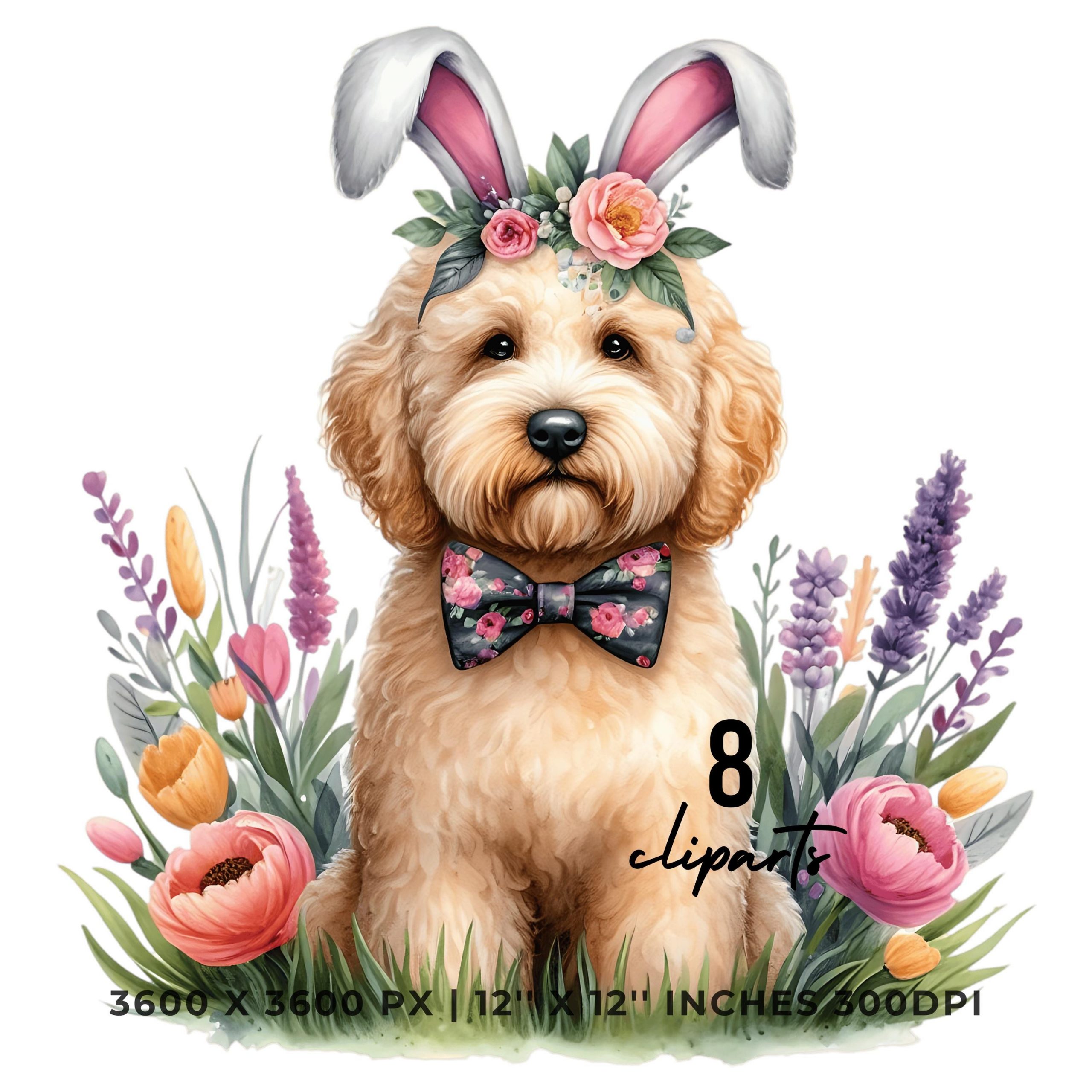 Cream Portuguese Water Dog Wearing Floral Bow & Bunny Ear Handband Ready for Easter Egg Hunting Clipart PNG, 8 Dog Lover Commercial Use – Instant Digital Download