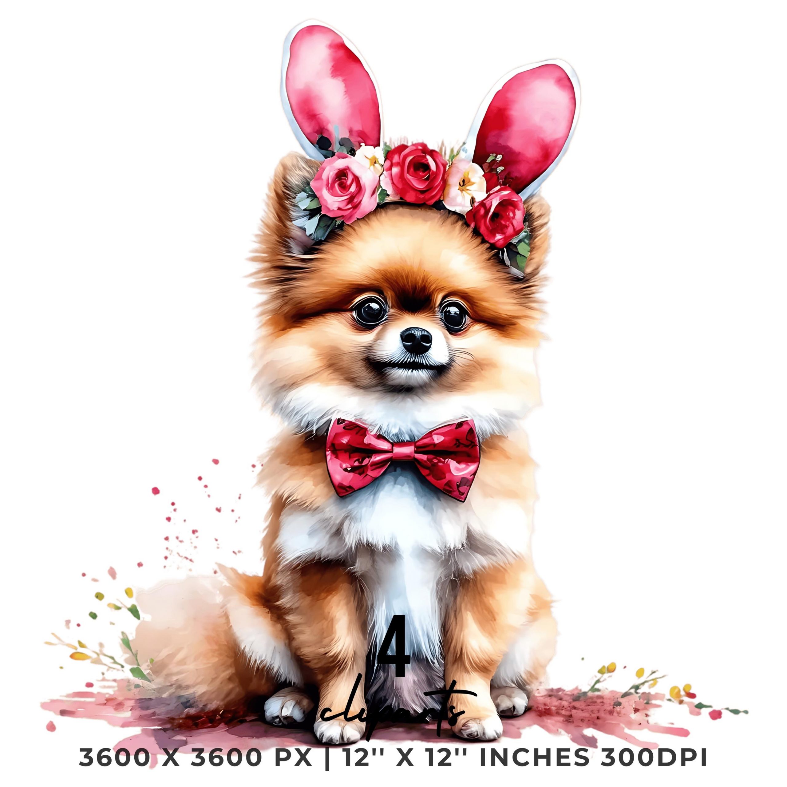 Easter Pomeranian Dog Wearing Floral Bow & Bunny Ear Handband Ready for Easter Egg Hunting Clipart PNG, 3 Dog Lover Commercial Use – Instant Digital Download