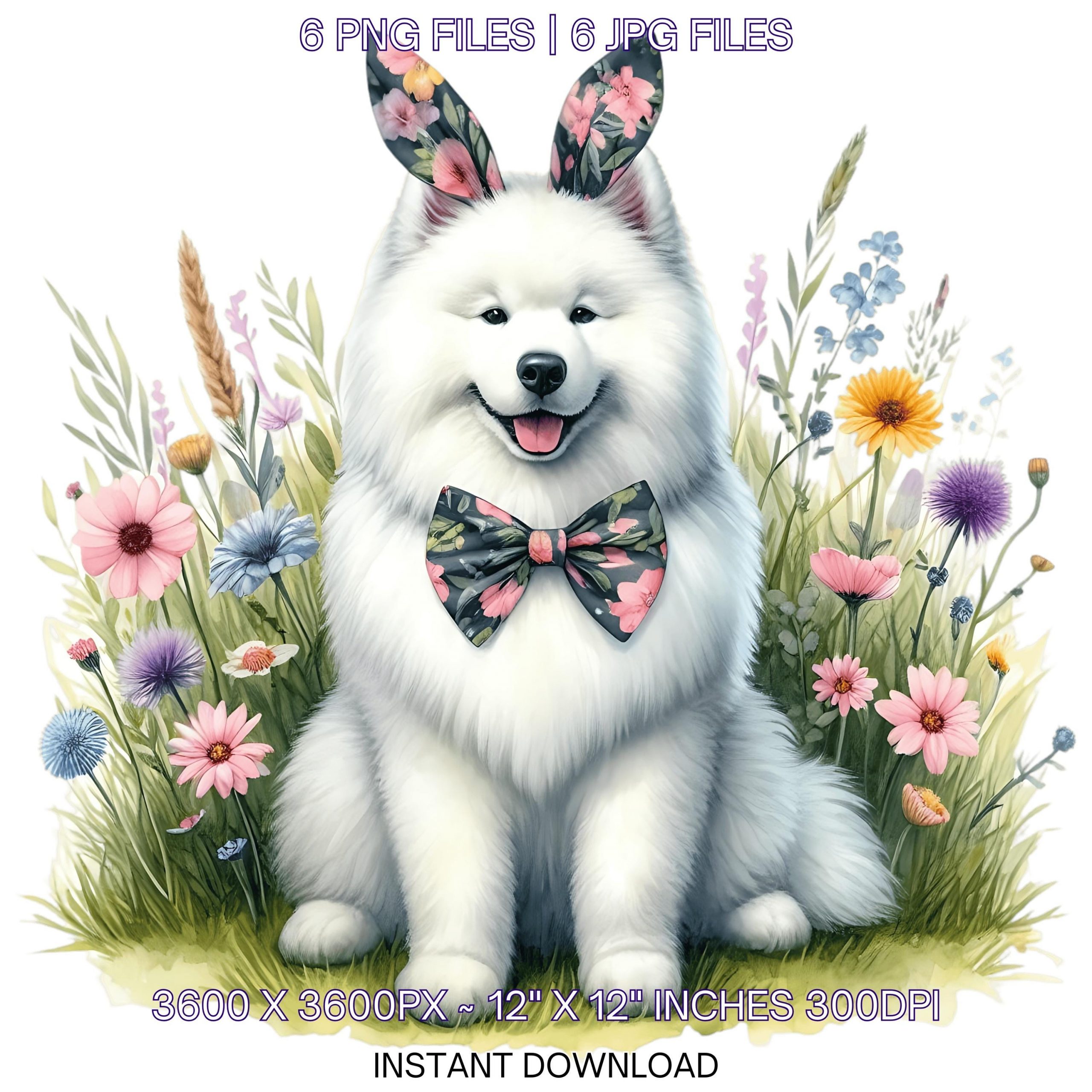 Easter Samoyed Dog Wearing Floral Bow & Bunny Ear Handband Ready for Easter Egg Hunting Clipart PNG, 6 Dog Lover Commercial Use – Instant Digital Download