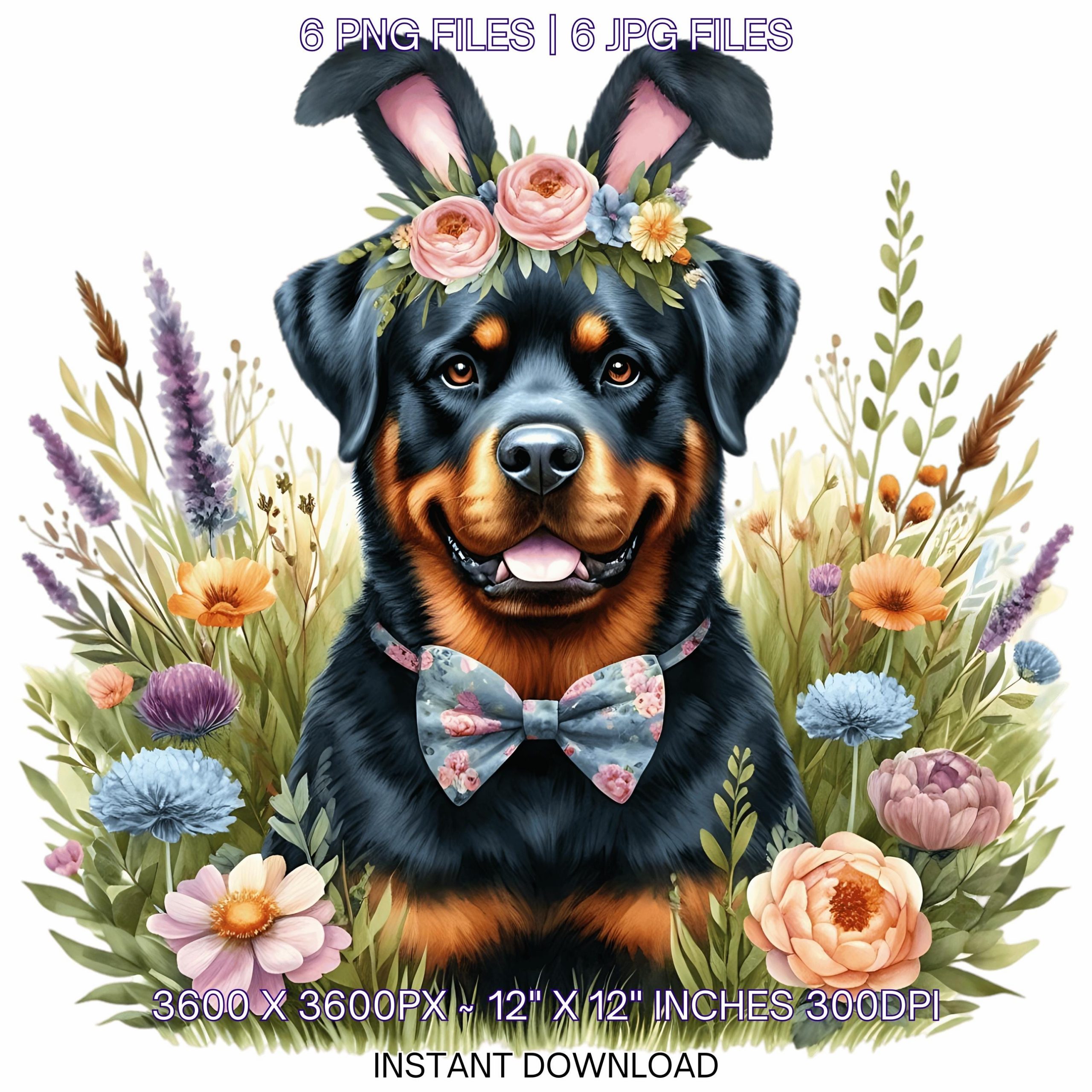 Easter Rottweiler Dog Wearing Floral Bow & Bunny Ear Handband Ready for Easter Egg Hunting Clipart PNG, 6 Dog Lover Commercial Use – Instant Digital Download