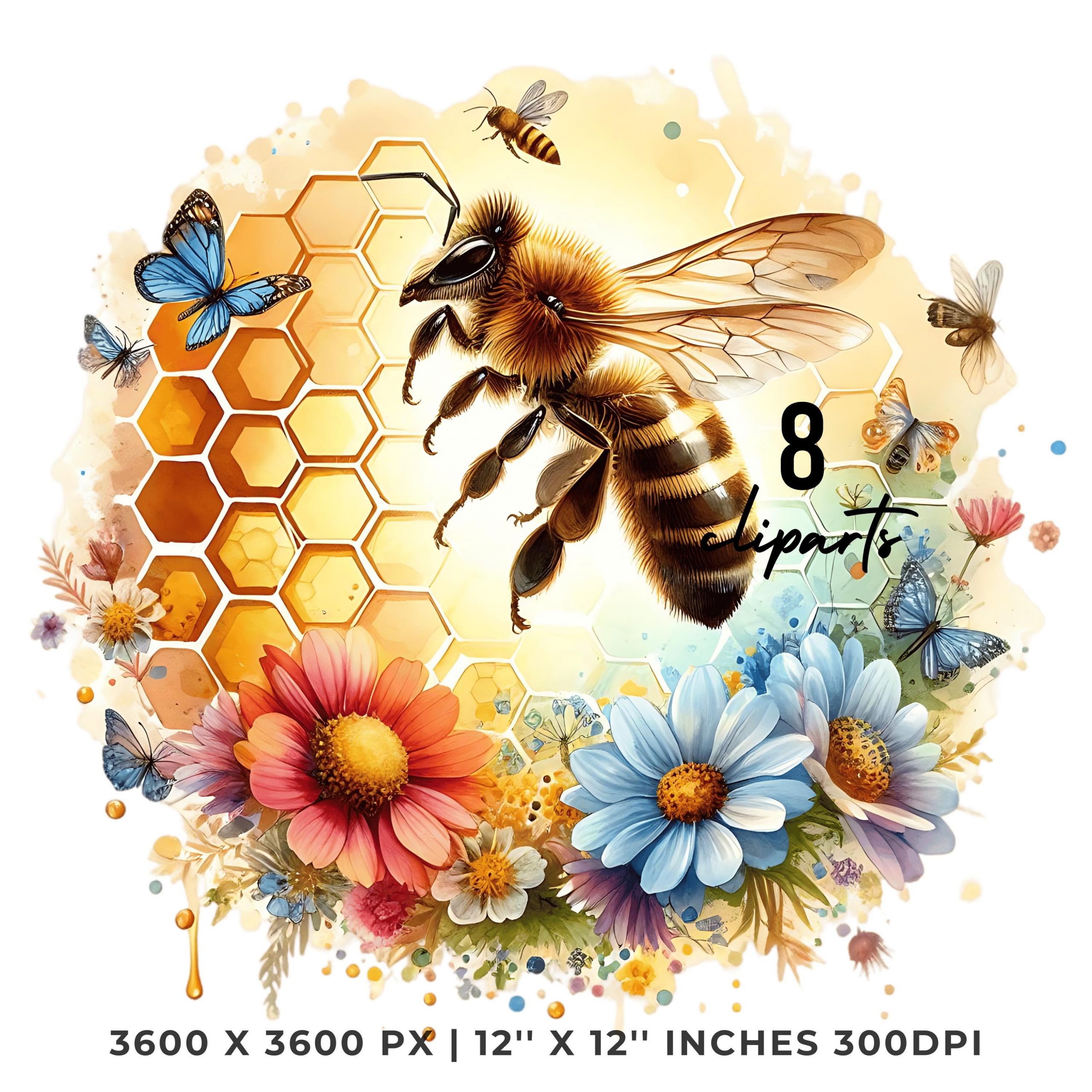 Spring Honeybee with Honeycomb, Colorful Wildflowers PNG | Bee and Flower Clipart | Clip Art Honey | Sublimation 8 PNG-JPG Commercial Use – Instant Digital Download