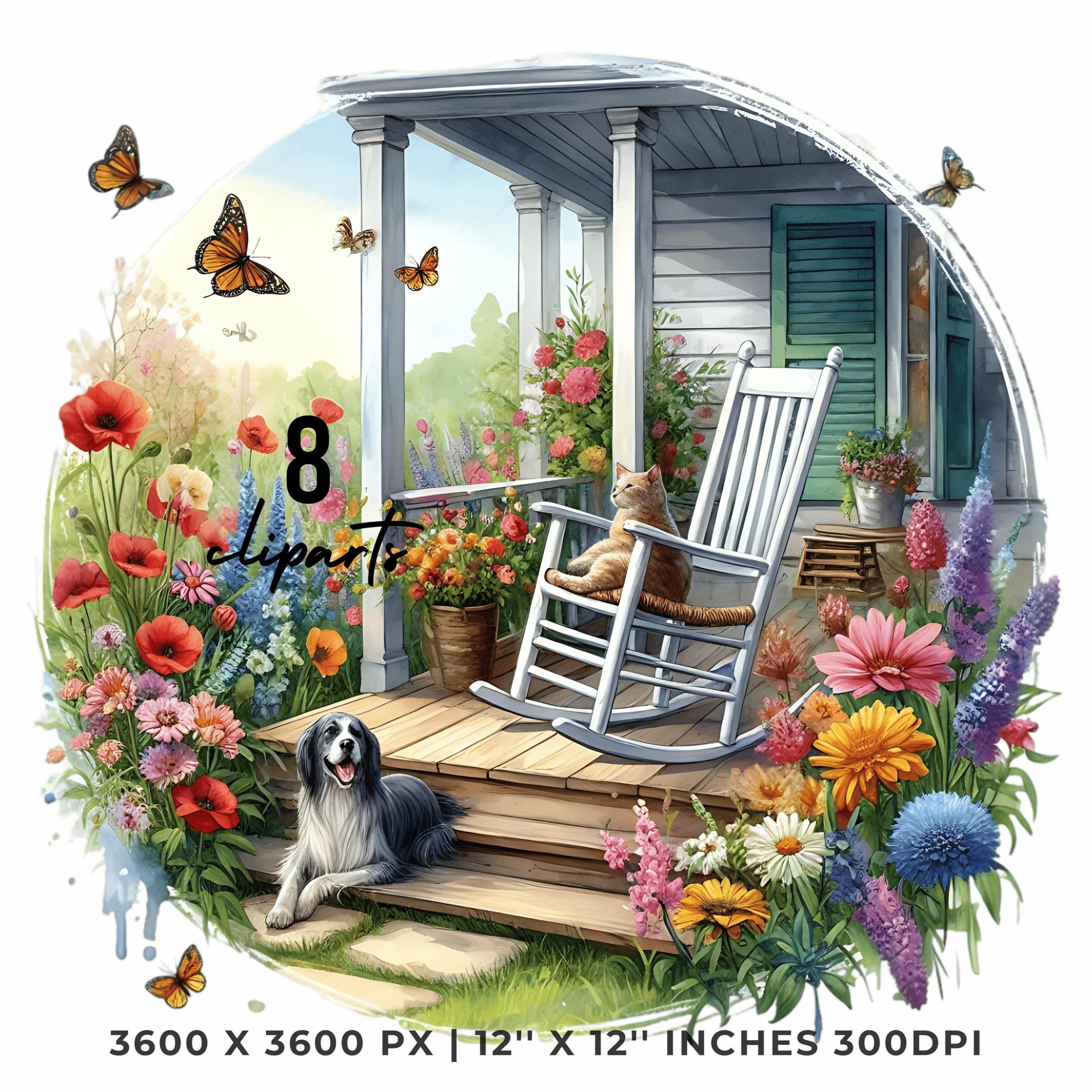 Cozy Farmhouse Porch with Rocking Chair, Cat, Dog, Wildflowers, Butterflies & Bees | Spring Clip Art | 8 PNG-JPG Sublimation Commercial Use – Instant Digital Download
