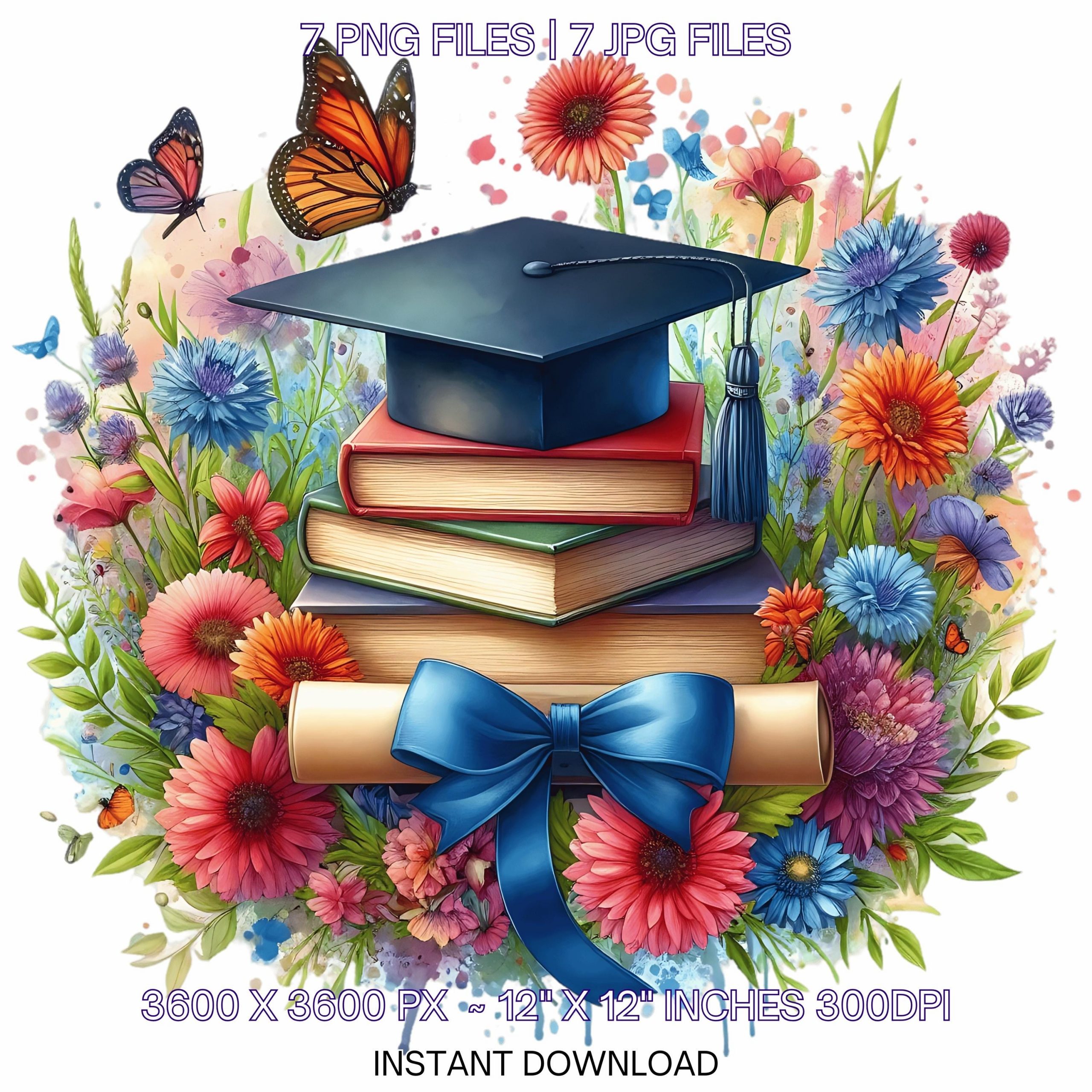 Graduation Clipart with Cap on Books, Wildflowers & Butterfly Around | Grad Student | College Graduate Sublimation 7 PNG-JPG Commercial Use – Instant Digital Download
