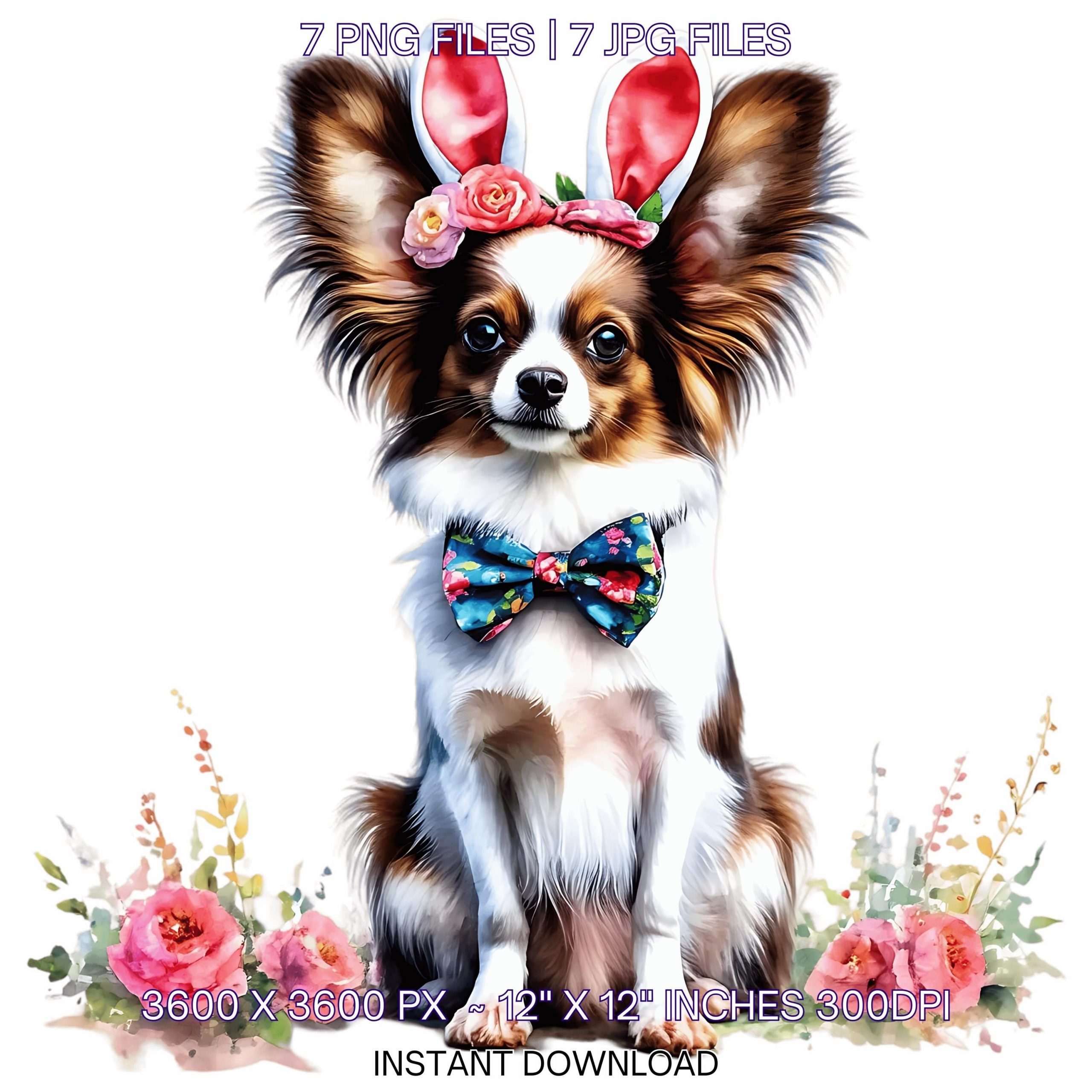 Easter Papillon Dog Wearing Floral Bow & Bunny Ear Handband Ready for Easter Egg Hunting Clipart PNG, 7 Dog Lover Commercial – Instant Digital Download