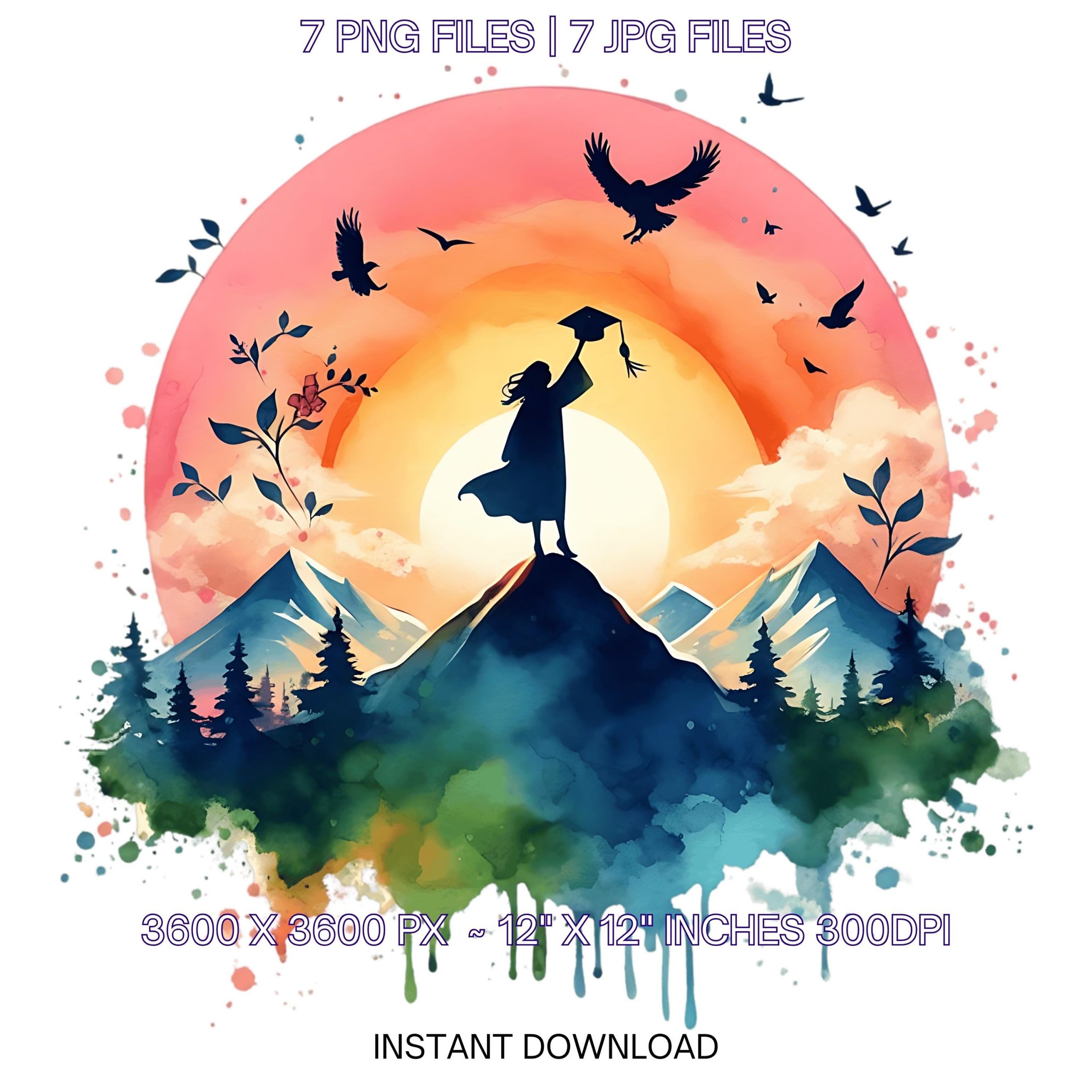 Future is Bright | A silhouette of a graduate on a mountain peak, holding a diploma, sunrise & birds flying | Graduate Clipart PNG 7 PNG-JPG – Instant Digital Download