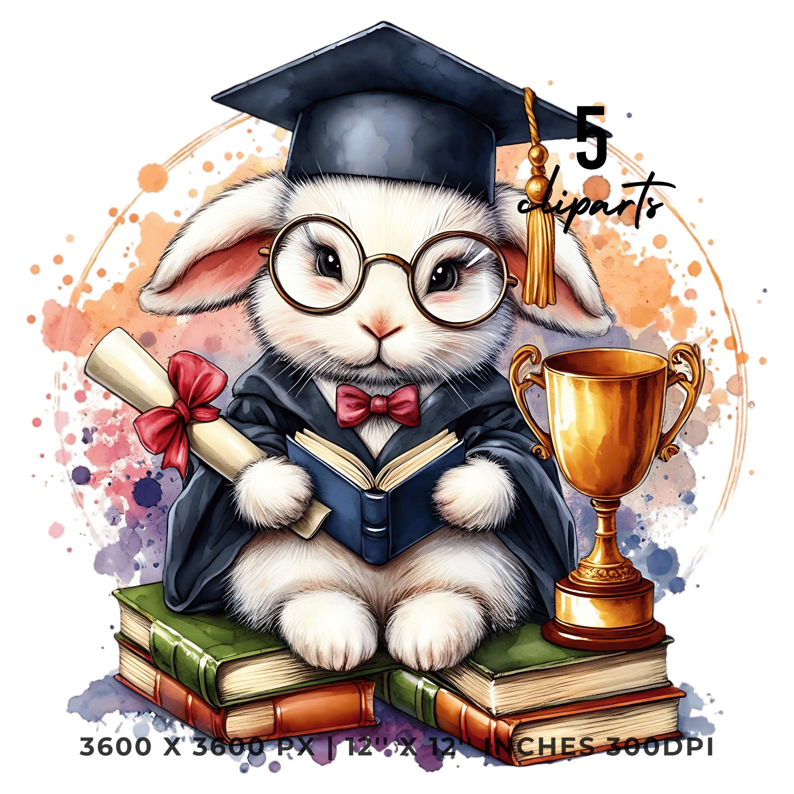 Bunny wearing a Graduation Cap on a Stack of Books Clipart | College Graduate | Grad Rabbit Student | 5 PNG-JPG Sublimation Commercial Use – Instant Digital Download