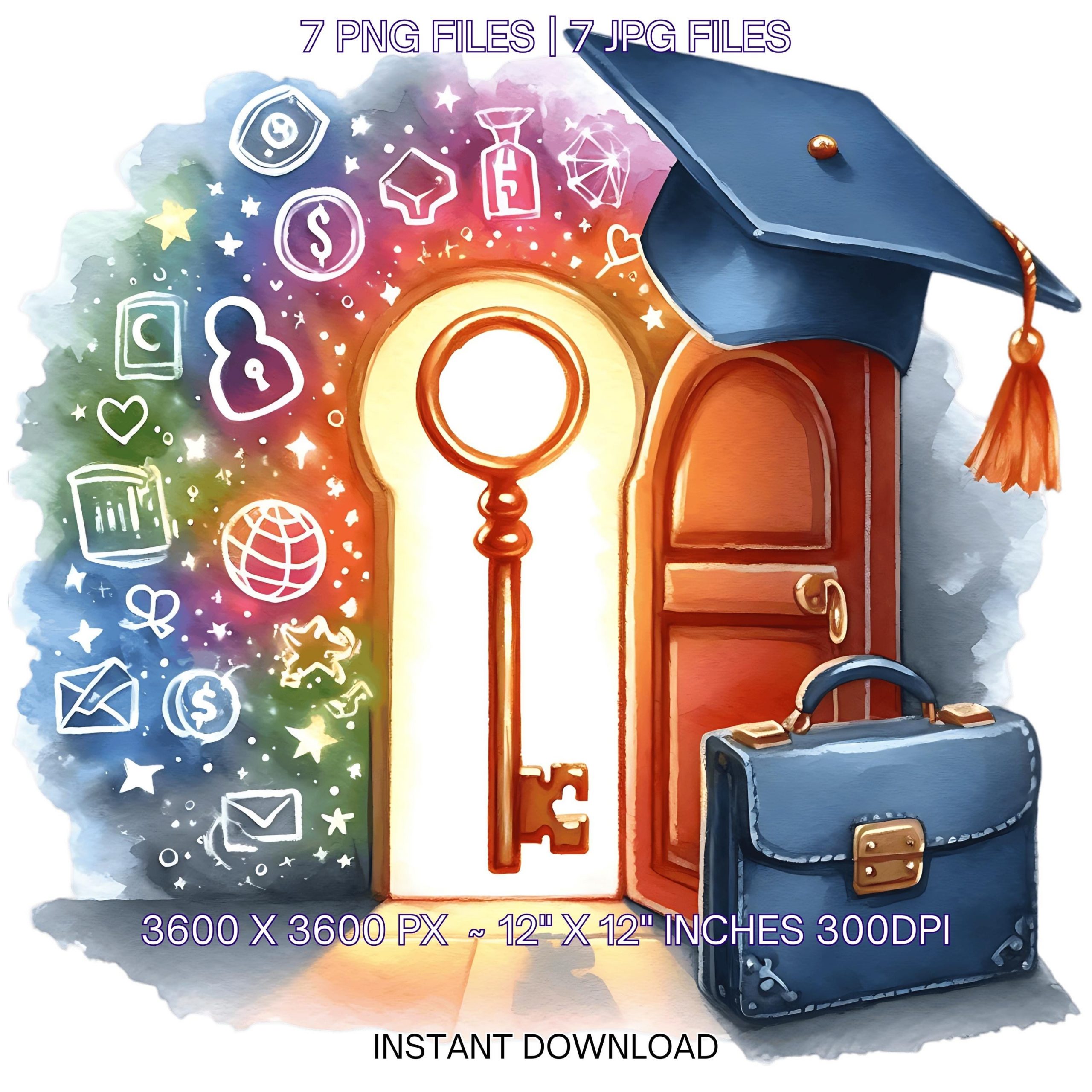 Education Unlocks the Future | Glowing Key & Graduation Cap, unlocking opportunities door | Grad Student | 7 PNG-JPG | Commercial Use – Instant Digital Download
