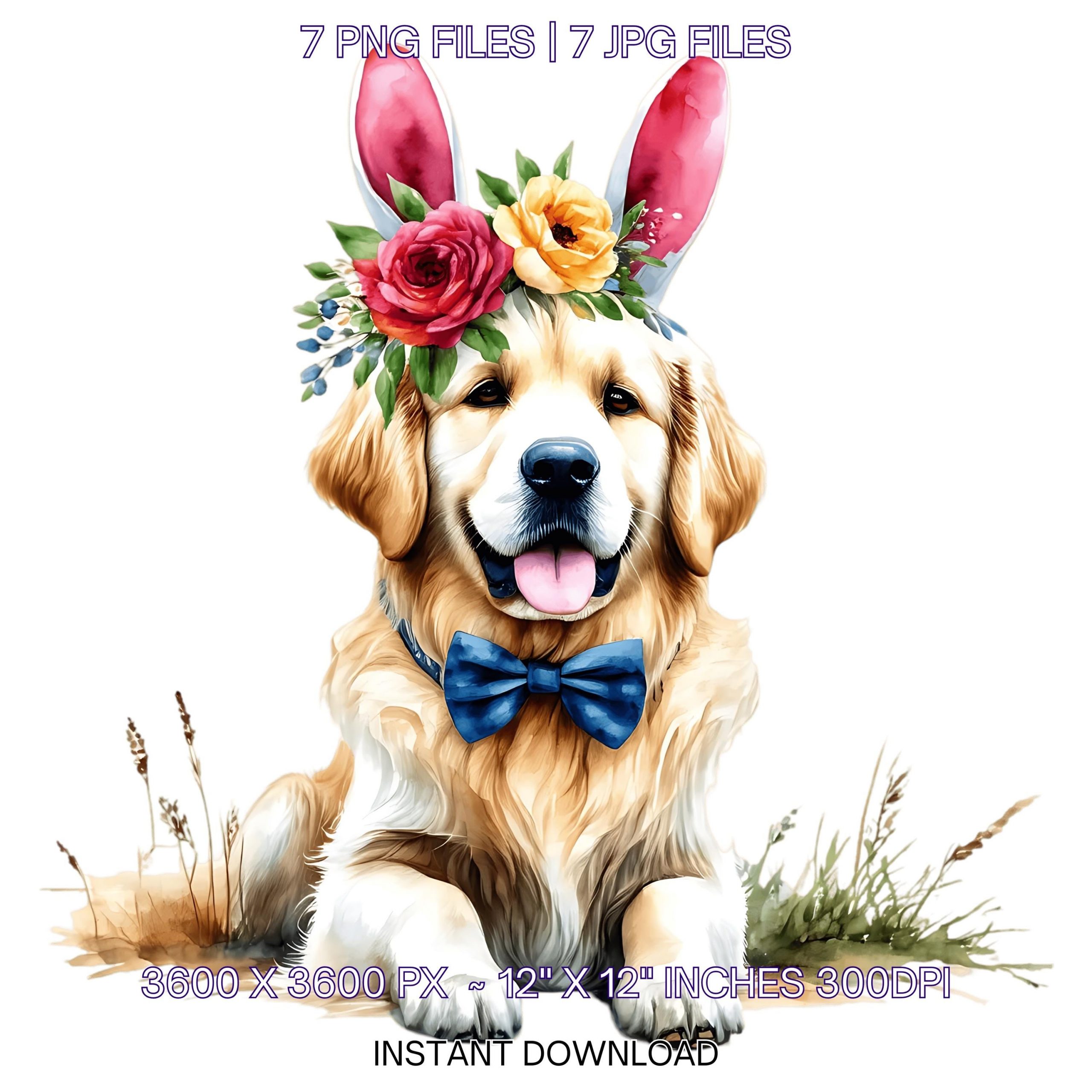 Easter Golden Retriever Dog Wearing Floral Bow & Bunny Ear Handband Ready for Easter Egg Hunting Clipart PNG, 7 Dog Lover Commercial – Instant Digital Download