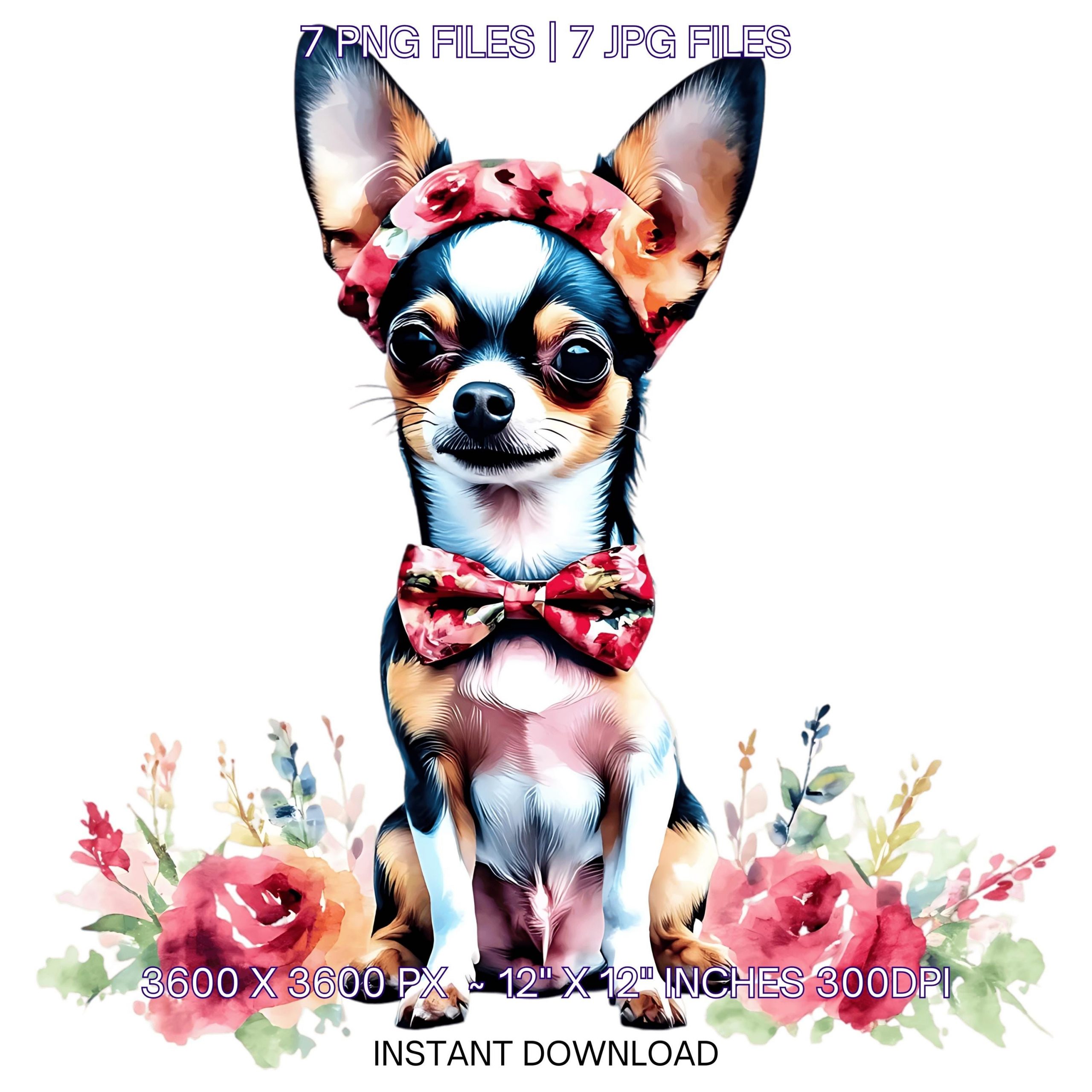 Easter Chihuahua Dog Wearing Floral Bow & Bunny Ear Handband Ready for Easter Egg Hunting Clipart PNG, 7 Dog Lover Commercial Use – Instant Digital Download