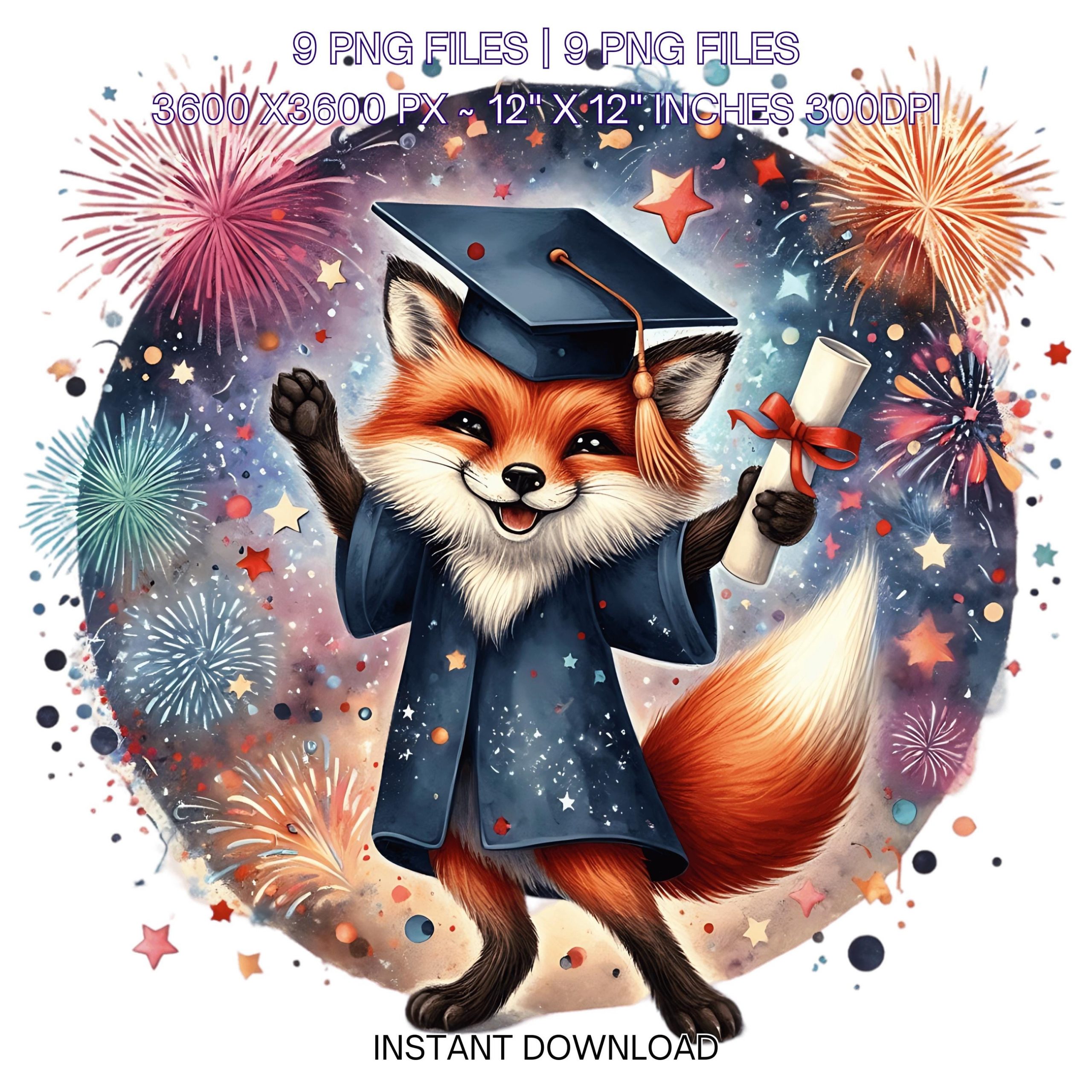 Kindergarten Fox wearing Cap holding a Diploma PNG | Graduation Fox Clipart | Grad Student | Graduate Sublimation | 9 PNG-JPG Commercial Use – Instant Digital Download