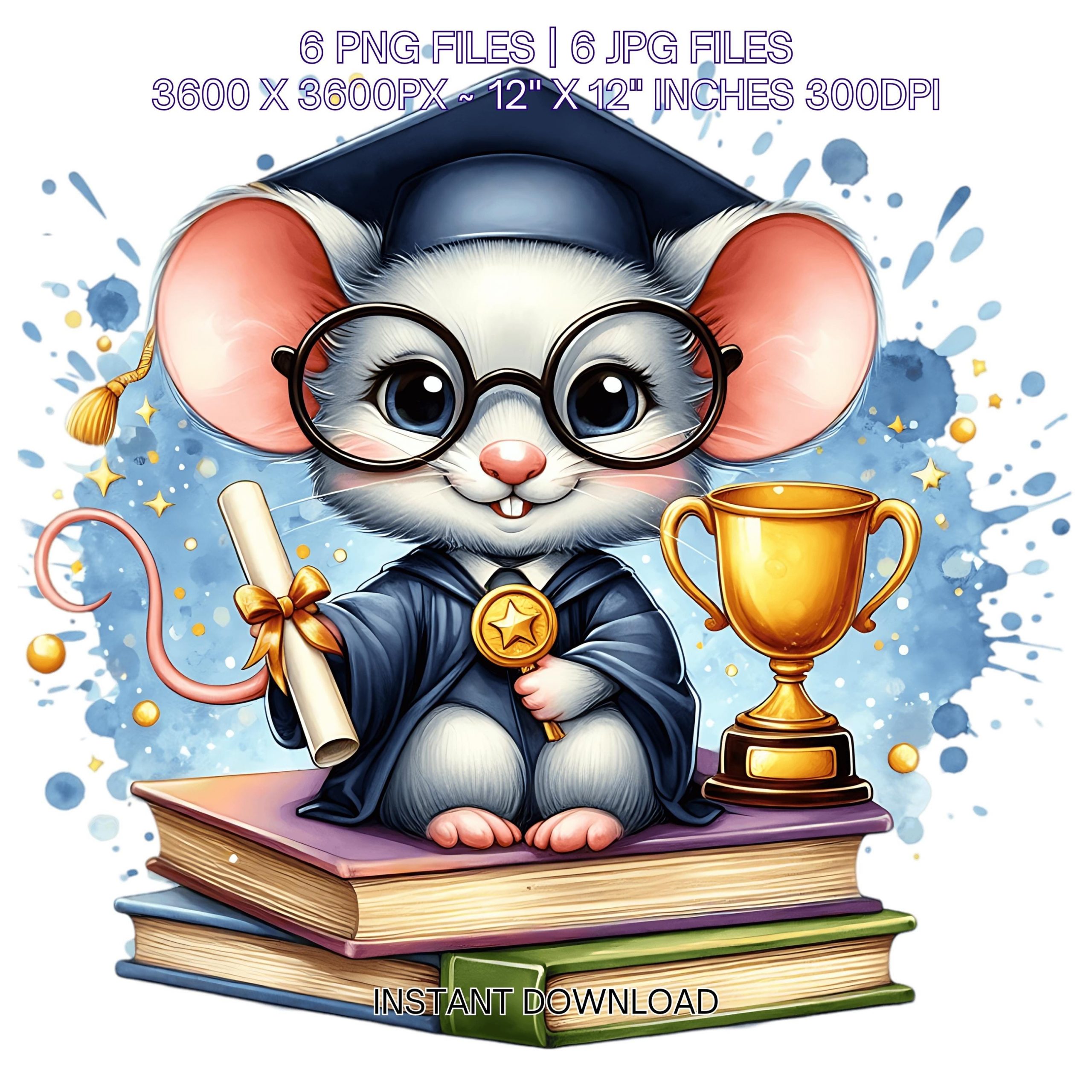 Kindergarten Mouse wearing Cap holding a Diploma PNG | Graduation Mouse Clipart | Grad Student | Graduate Kid | 6 JPG-PNG Commercial Use – Instant Digital Download