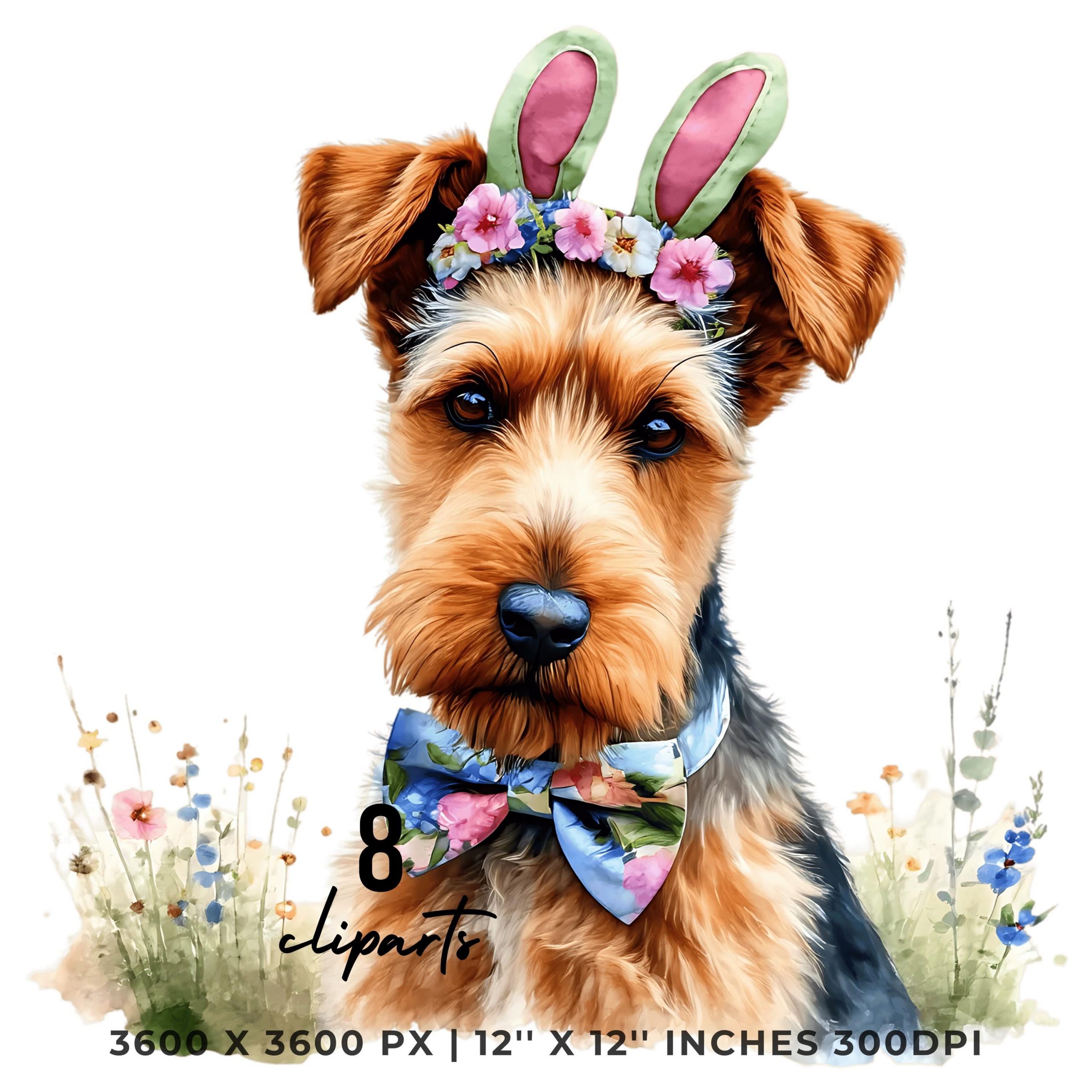 Easter Irish Terrier Dog Wearing Floral Bow & Bunny Ear Handband Ready for Easter Egg Hunting Clipart PNG, 8 Dog Lover Commercial Use – Instant Digital Download