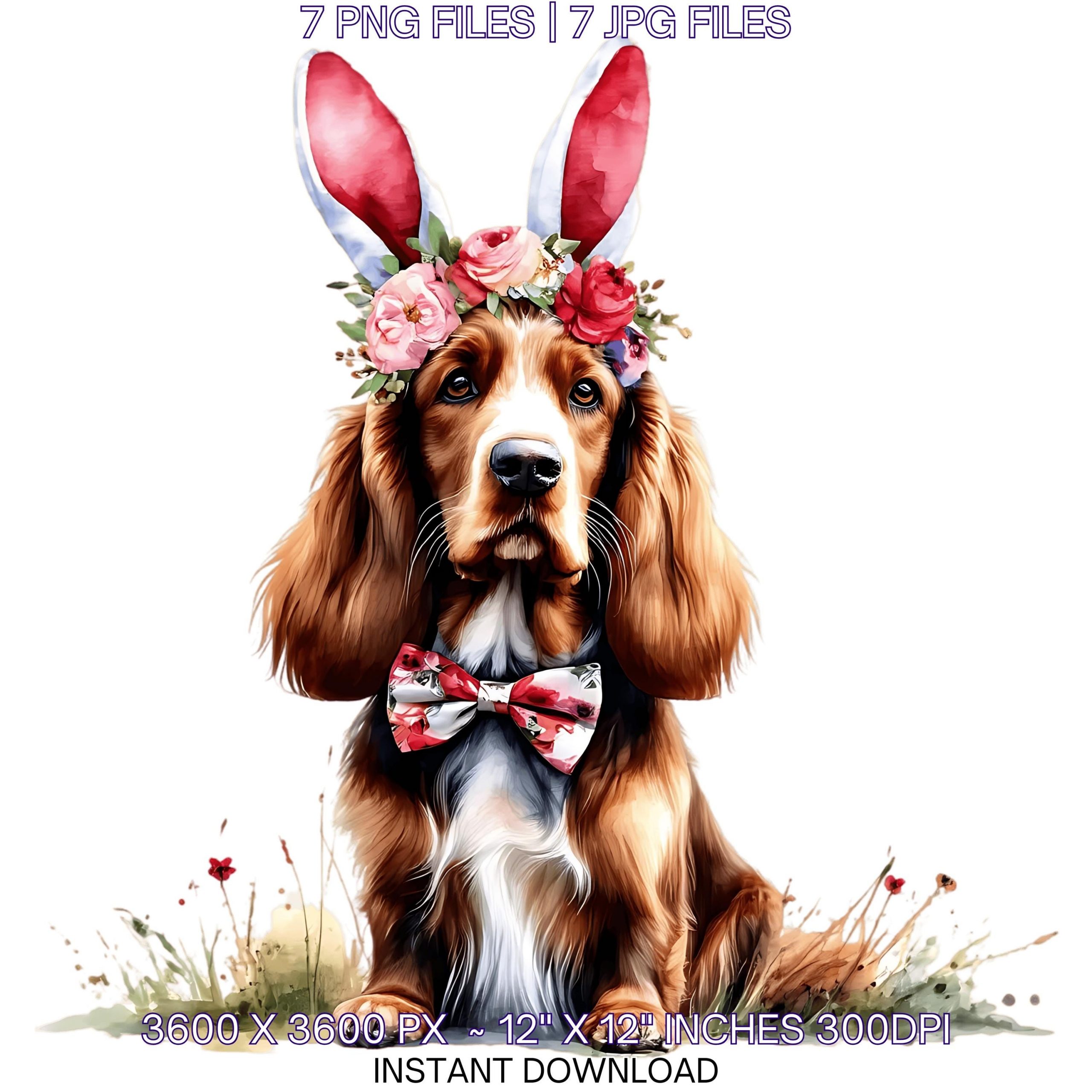 Easter Irish Setter Dog Wearing Floral Bow & Bunny Ear Handband Ready for Easter Egg Hunting Clipart PNG, 7 Dog Lover Commercial – Instant Digital Download
