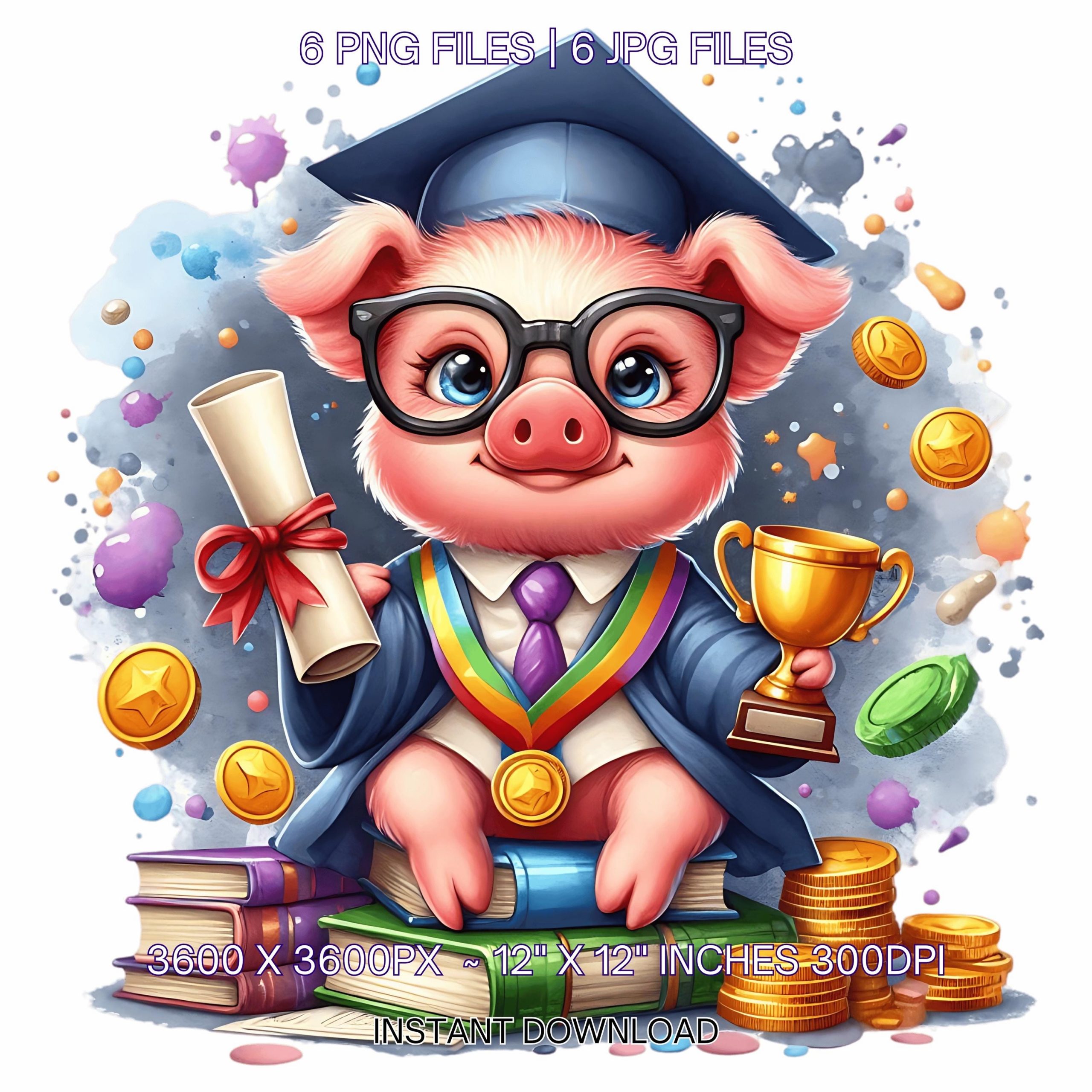 Kindergarten Pig wearing Cap holding a Diploma PNG | Graduation Pig Clipart | Grad Student | Graduate Kid | 6 JPG-PNG Commercial Use – Instant Digital Download
