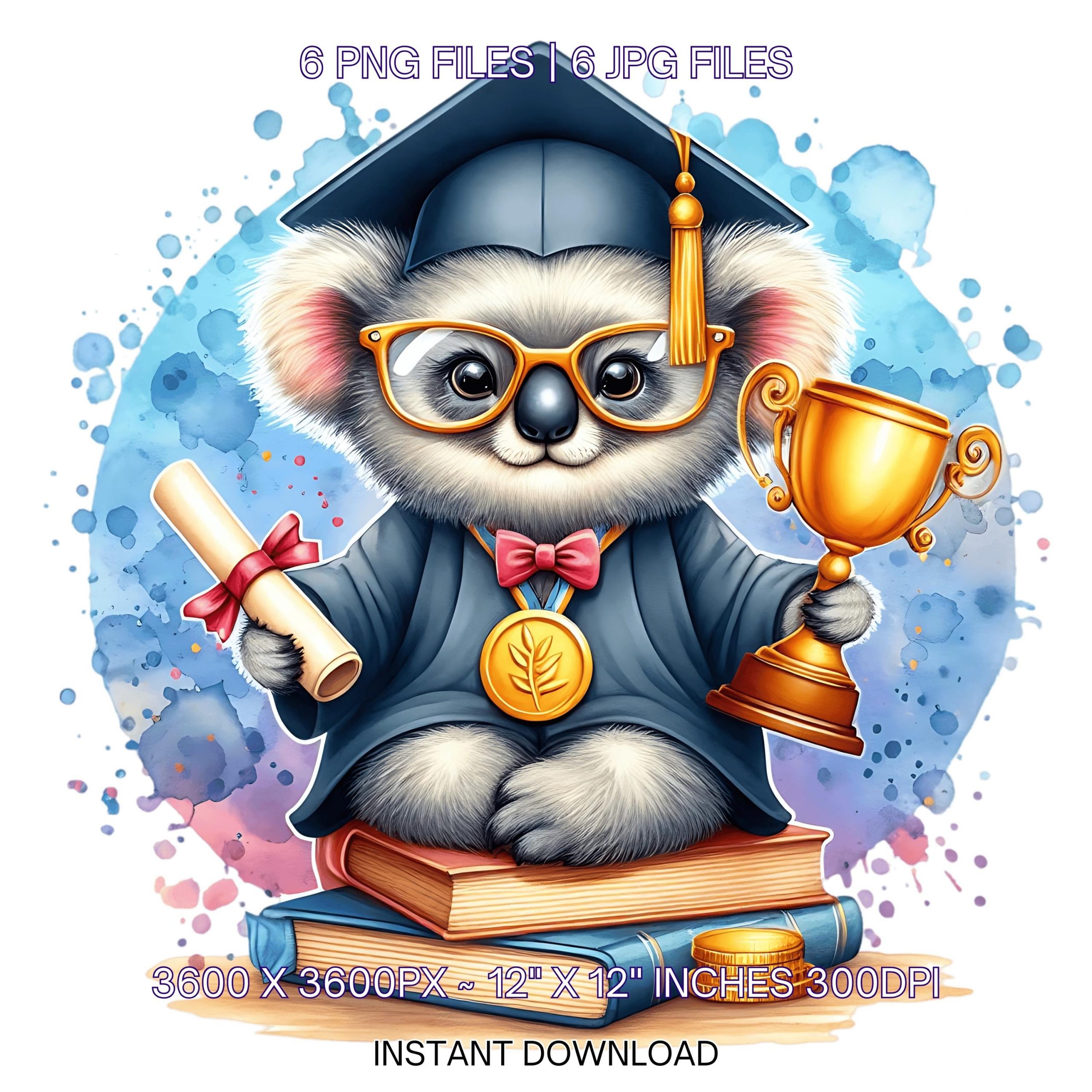 Kindergarten Kuala wearing Cap holding a Diploma PNG | Graduation Kuala Clipart | Grad Student | Graduate Kid | 6 JPG-PNG Commercial Use – Instant Digital Download