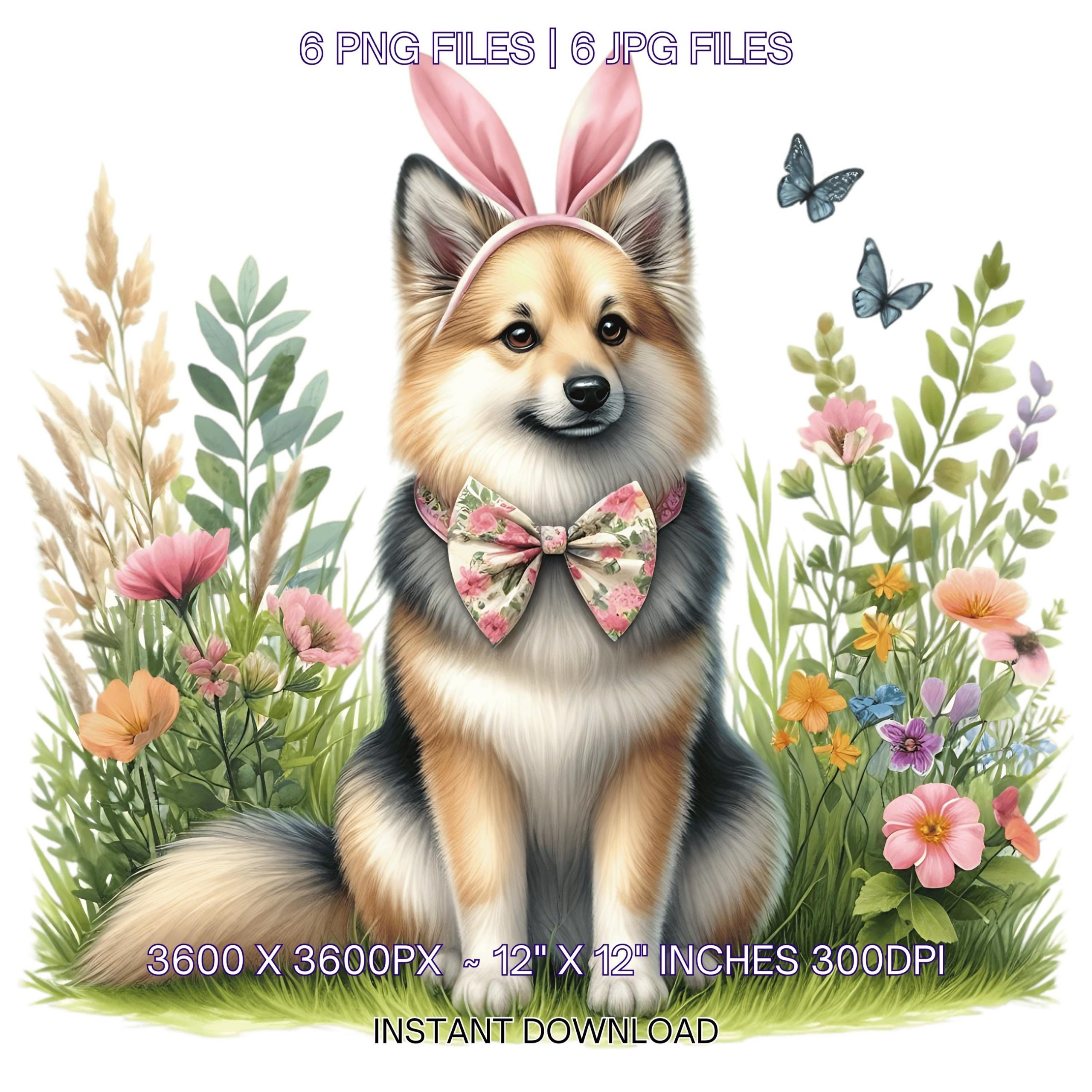 Easter Swedish Vallhund Dog Wearing Floral Bow & Bunny Ear Handband Ready for Easter Egg Hunting Clipart PNG, 6 Dog Lover Commercial Use – Instant Digital Download