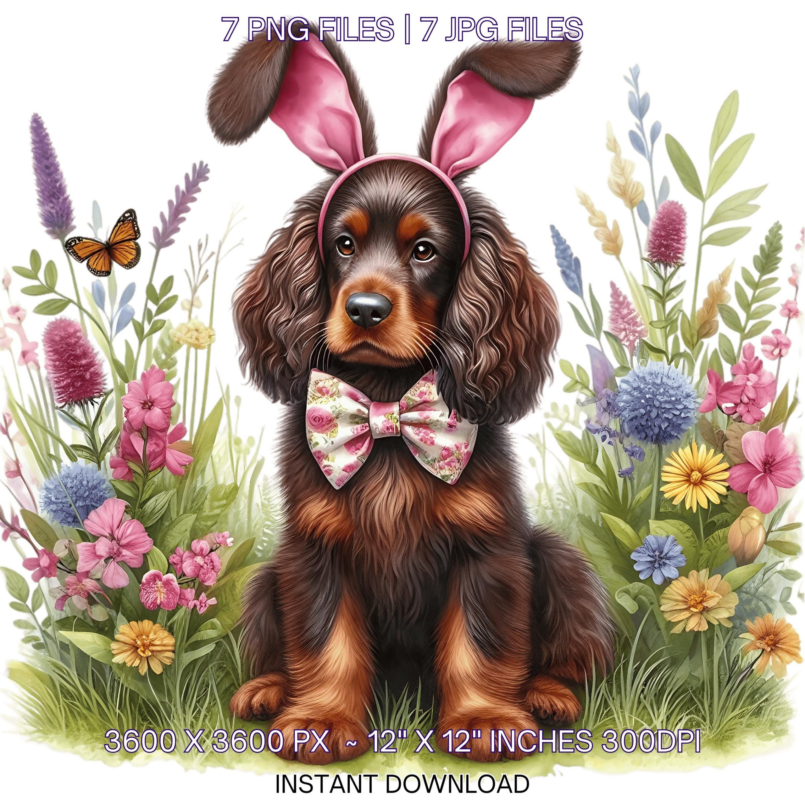 Easter Sussex Spaniel Dog Wearing Floral Bow & Bunny Ear Handband Ready for Easter Egg Hunting Clipart PNG, 7 Dog Lover Commercial Use – Instant Digital Download