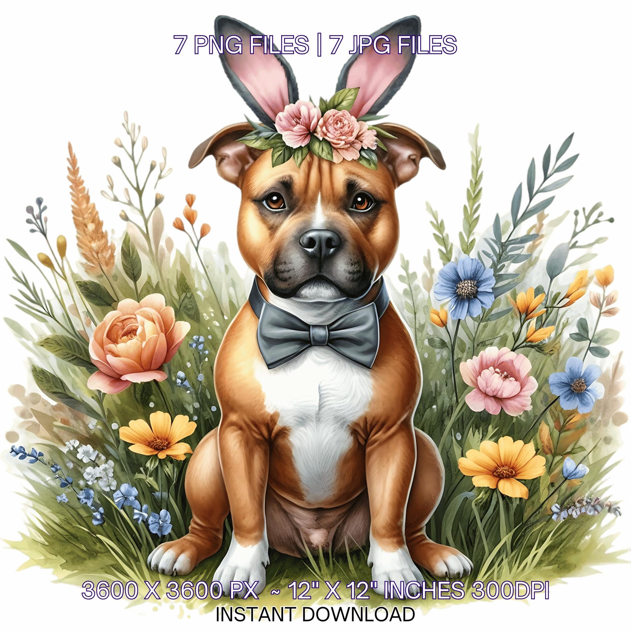 Staffordshire Bull Terrier Dog Wearing Floral Bow & Bunny Ear Handband Ready for Easter Egg Hunting Clipart PNG, 7 Dog Lover Commercial – Instant Digital Download