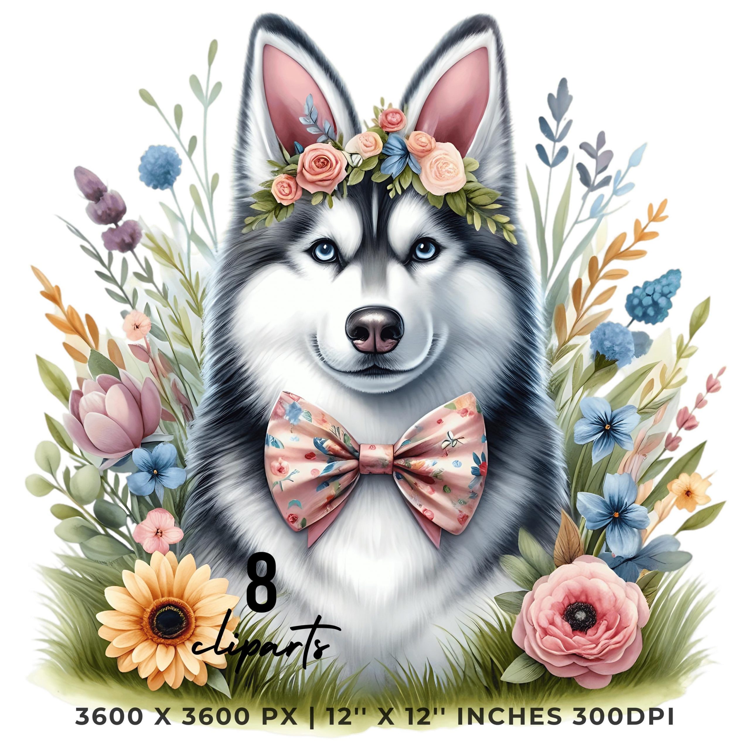 Easter Siberian Husky Dog Wearing Floral Bow & Bunny Ear Handband Ready for Easter Egg Hunting Clipart PNG, 8 Dog Lover Commercial – Instant Digital Download