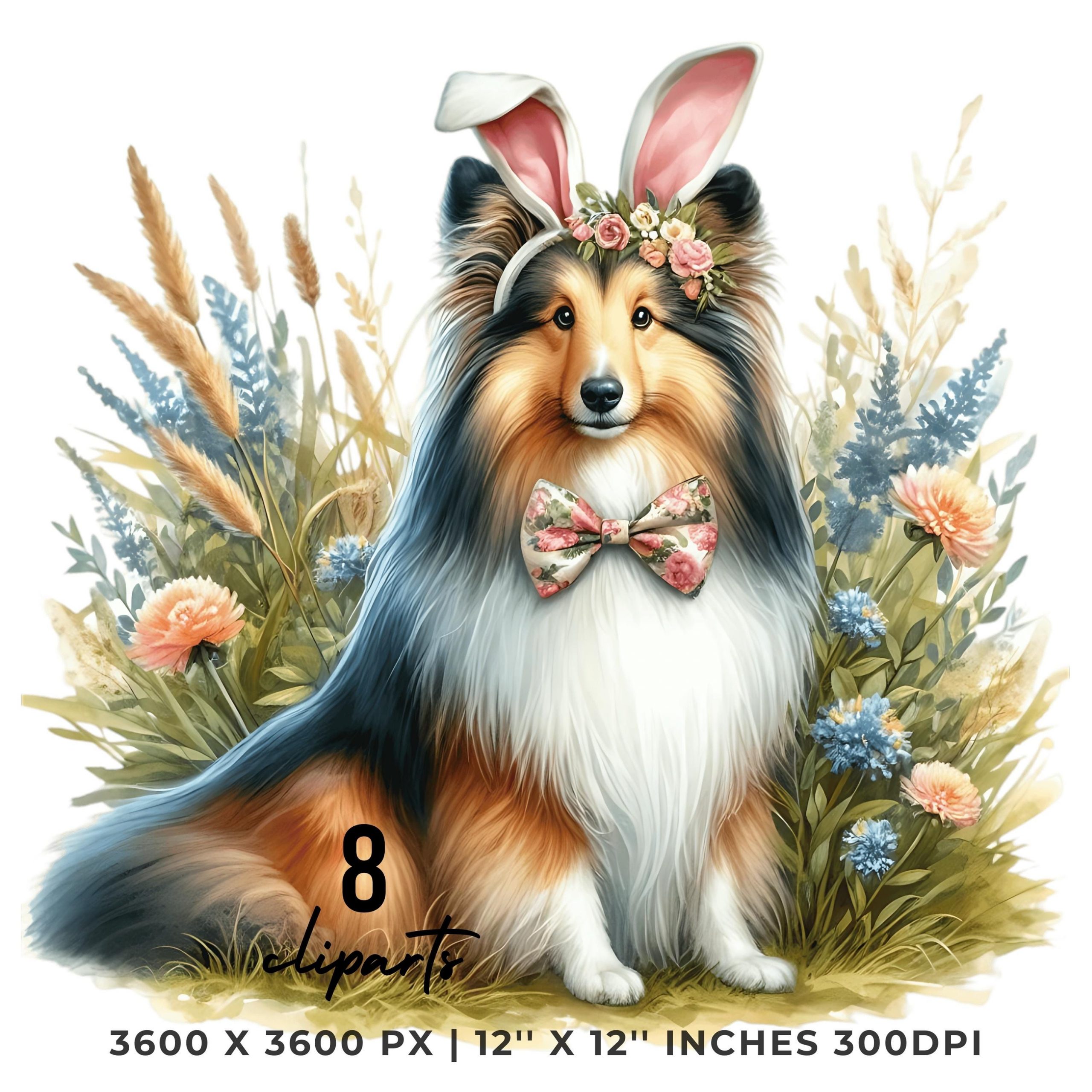 Easter Shetland Sheepdog Dog Wearing Floral Bow & Bunny Ear Handband Ready for Easter Egg Hunting Clipart PNG, 8 Dog Lover Commercial Use – Instant Digital Download