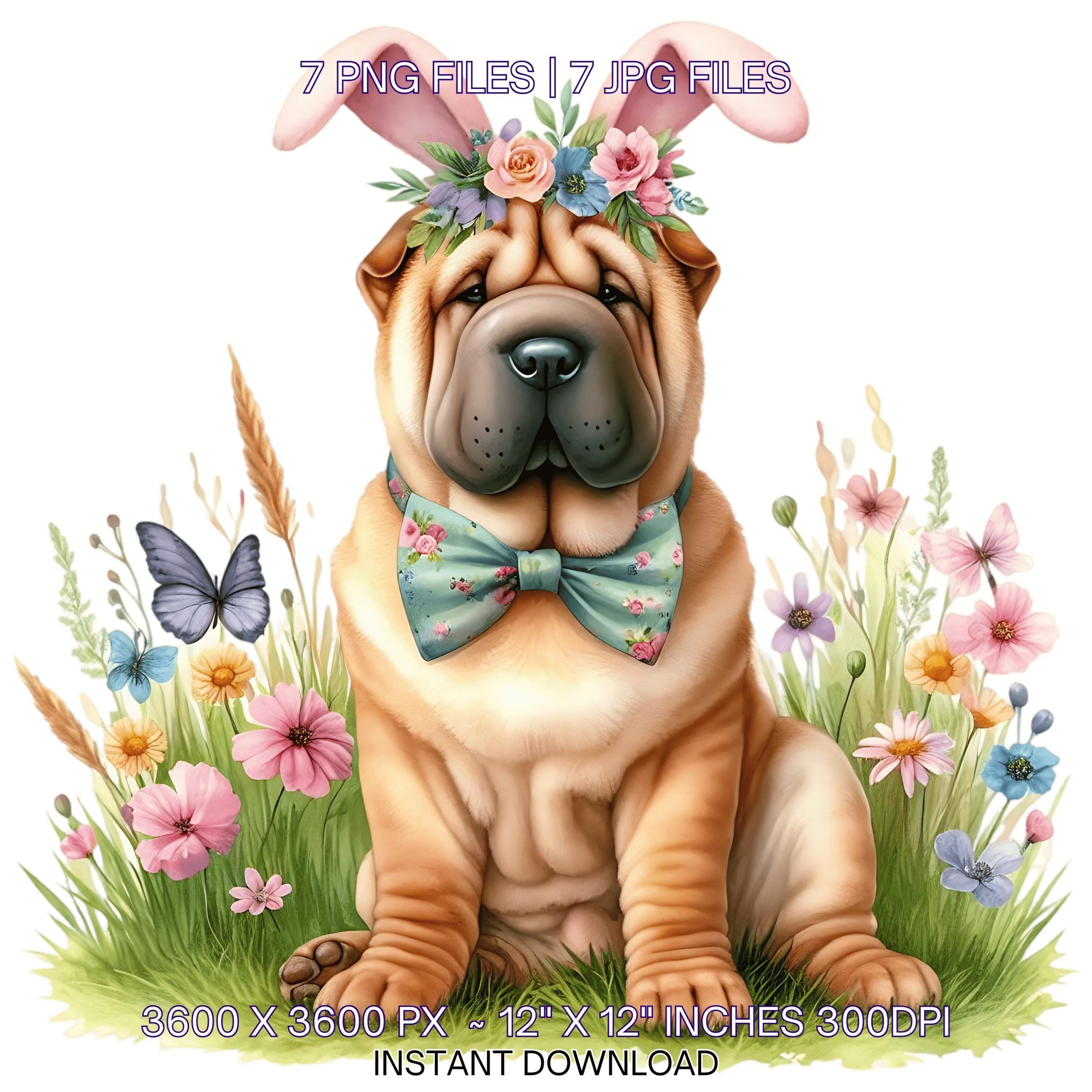Easter Shar Pei Dog Wearing Floral Bow & Bunny Ear Handband Ready for Easter Egg Hunting Clipart PNG, 7 Dog Lover Commercial Use – Instant Digital Download