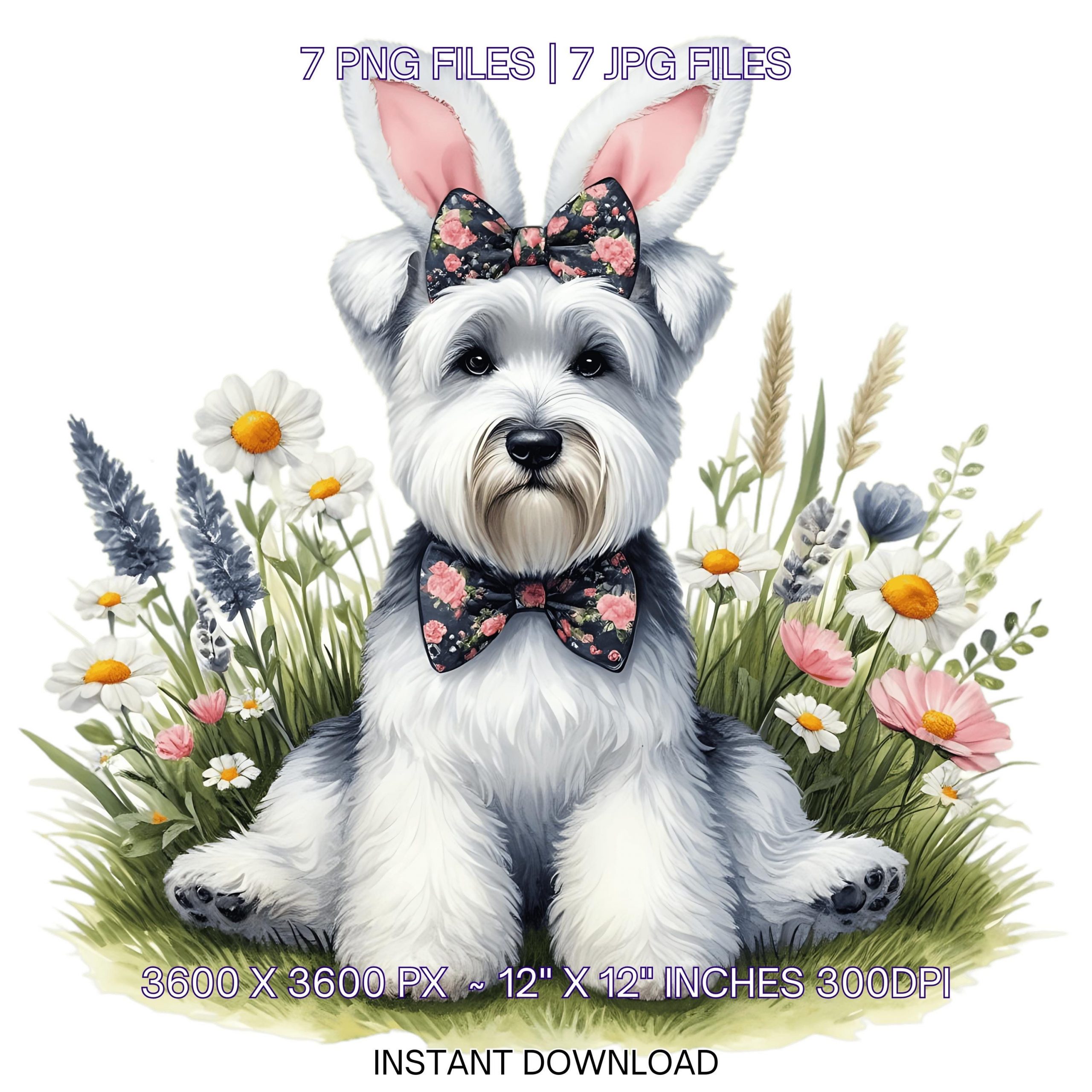 Easter Sealyham Terrier Dog Wearing Floral Bow & Bunny Ear Handband Ready for Easter Egg Hunting Clipart PNG, 7 Dog Lover Commercial Use – Instant Digital Download