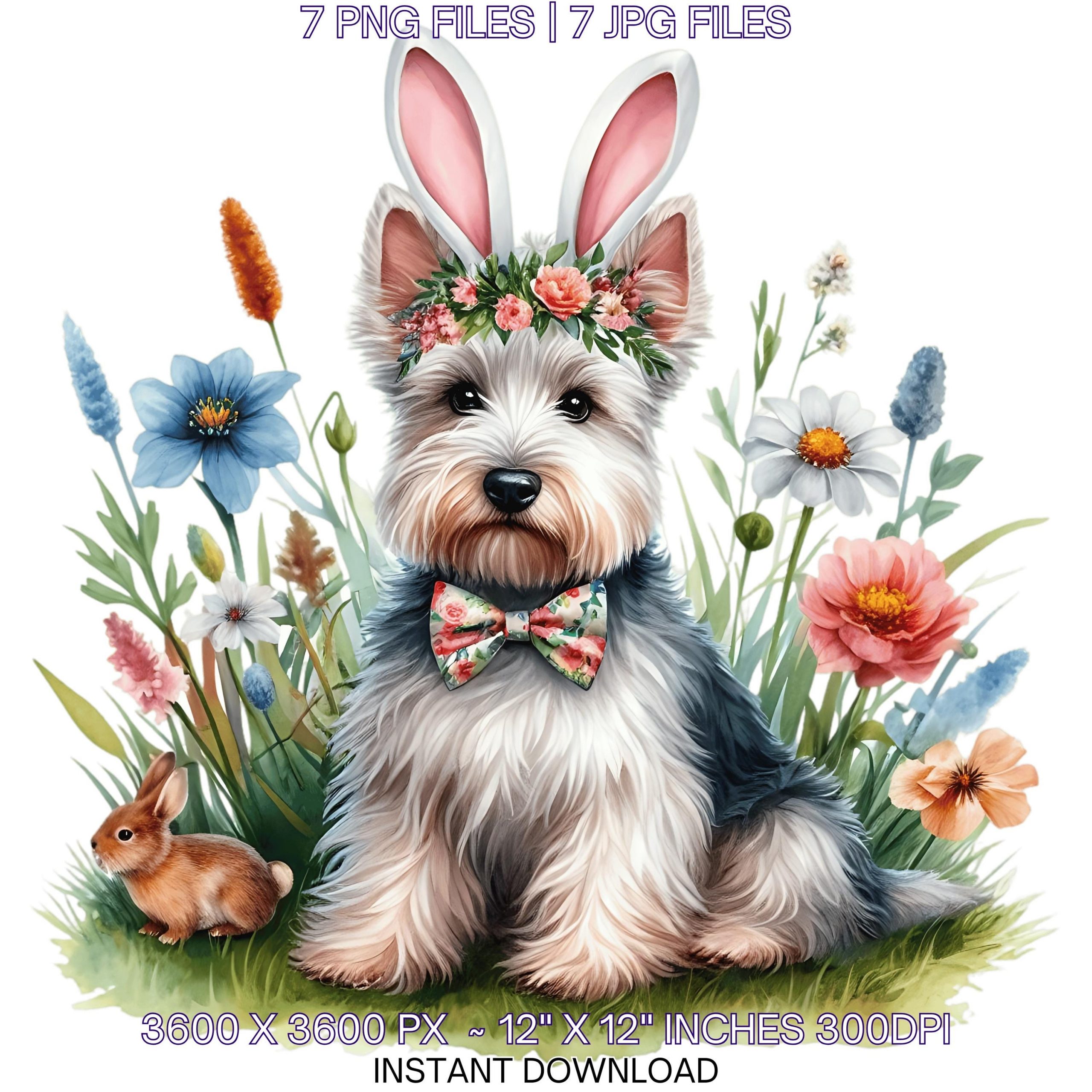 Easter Scottish Terrier Dog Wearing Floral Bow & Bunny Ear Handband Ready for Easter Egg Hunting Clipart PNG, 7 Dog Lover Commercial Use – Instant Digital Download