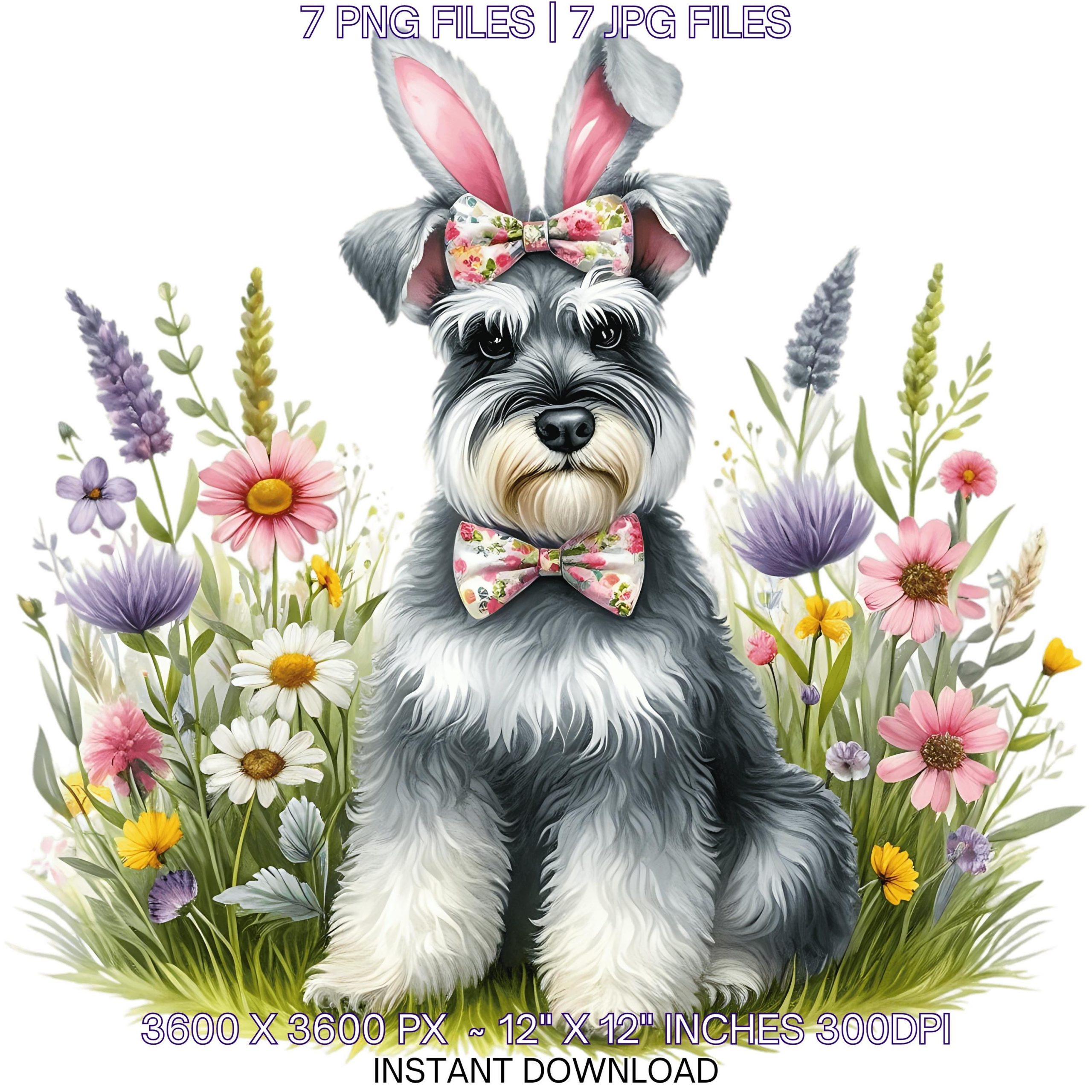 Easter Schnauzer Dog Wearing Floral Bow & Bunny Ear Handband Ready for Easter Egg Hunting Clipart PNG, 7 Dog Lover Commercial Use – Instant Digital Download