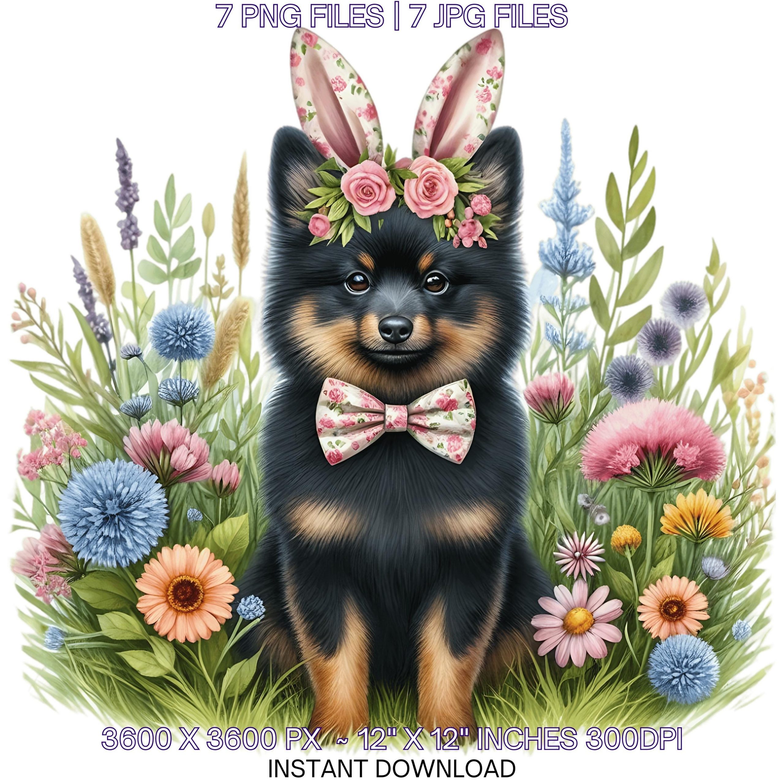 Easter Schipperke Dog Wearing Floral Bow & Bunny Ear Handband Ready for Easter Egg Hunting Clipart PNG, 7 Dog Lover Commercial Use – Instant Digital Download