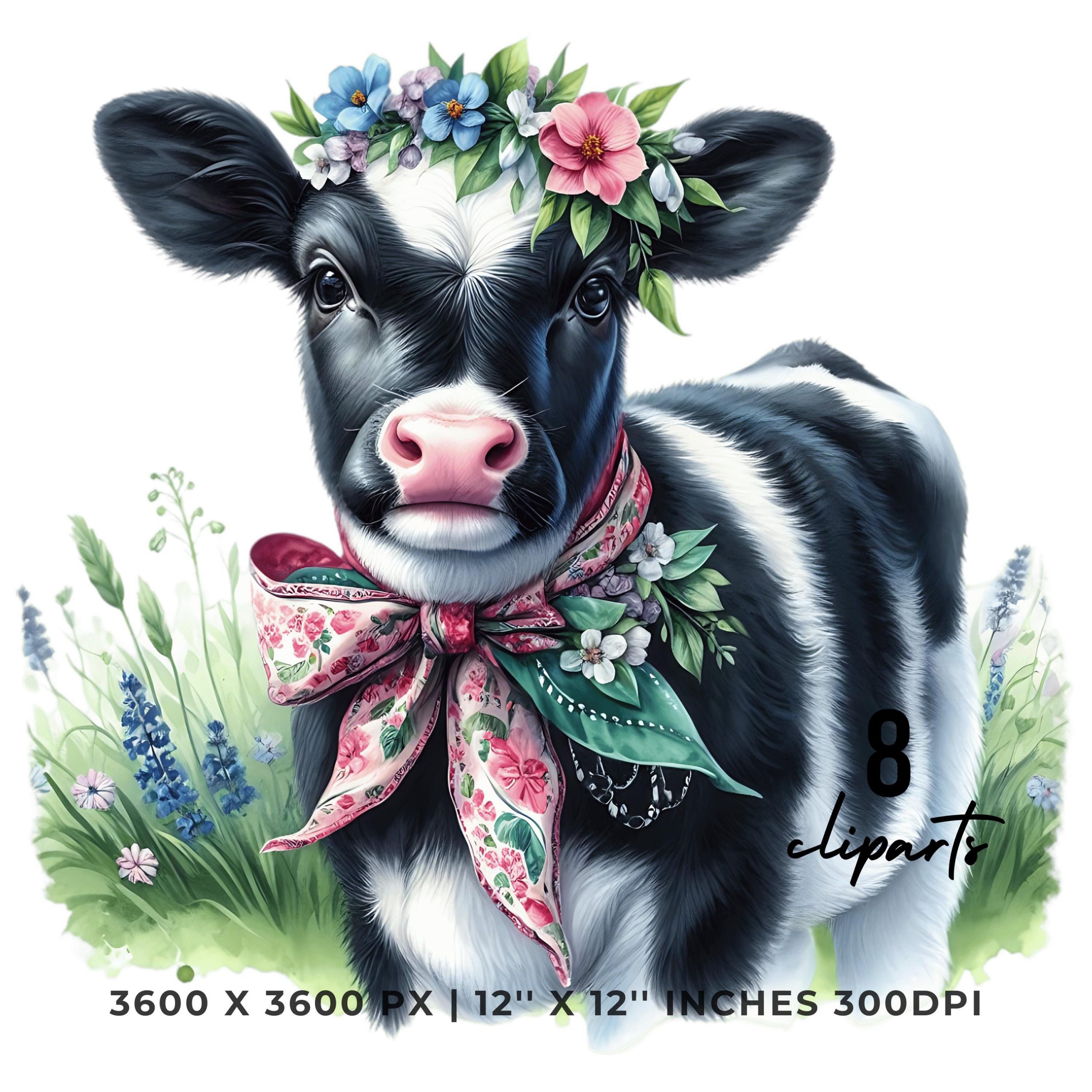 8 Spring Dairy Black & White Calf PNG Clipart, Watercolor Cow, Farm Animals, Card Making, Scrapbooking Junk, Sublimation Commercial Use – Instant Digital Download