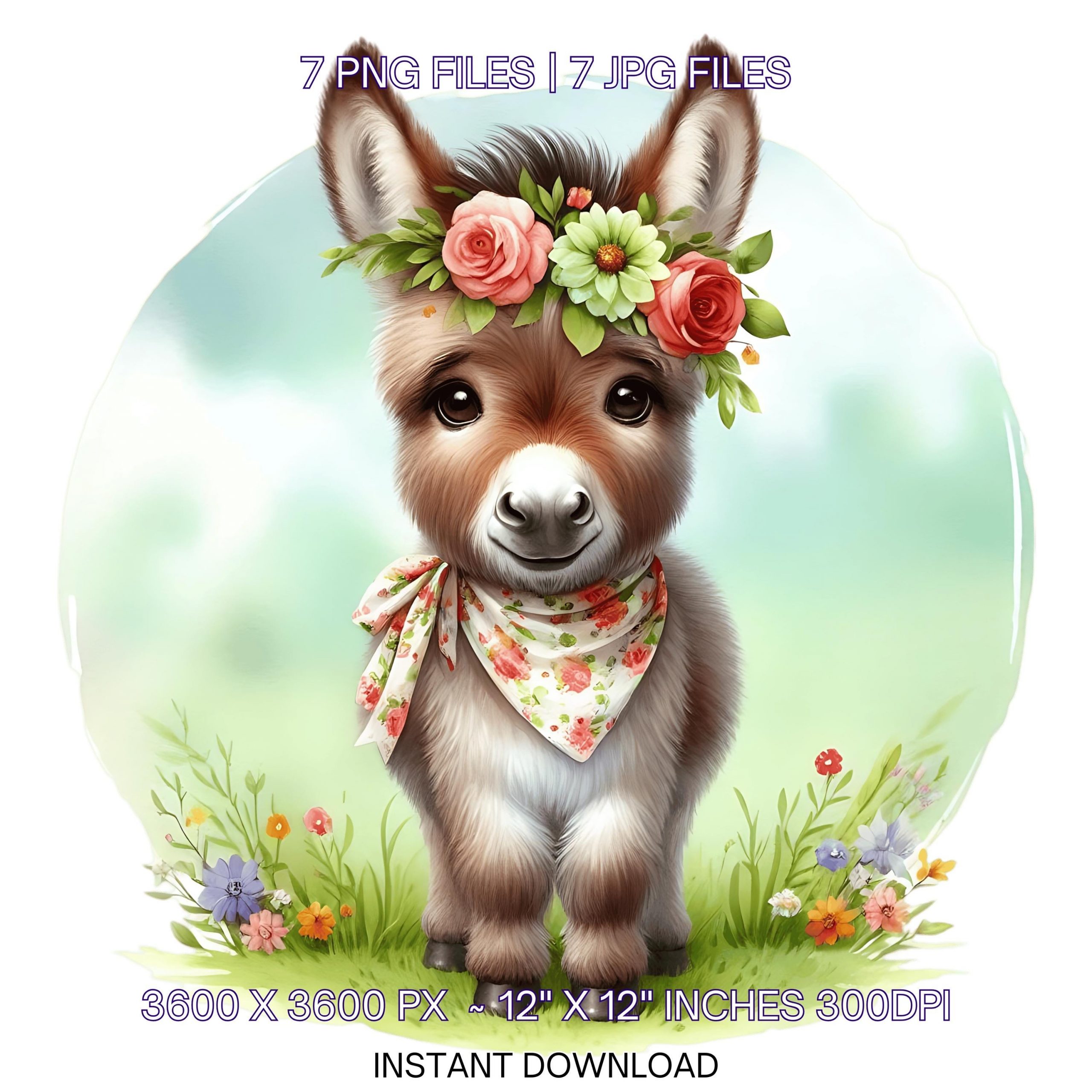 7 Spring Little Donkey PNG Clipart, Watercolor Donkey, Farm Animals, Card Making, Scrapbooking, Junk Journaling, Sublimation Commercial Use – Instant Digital Download