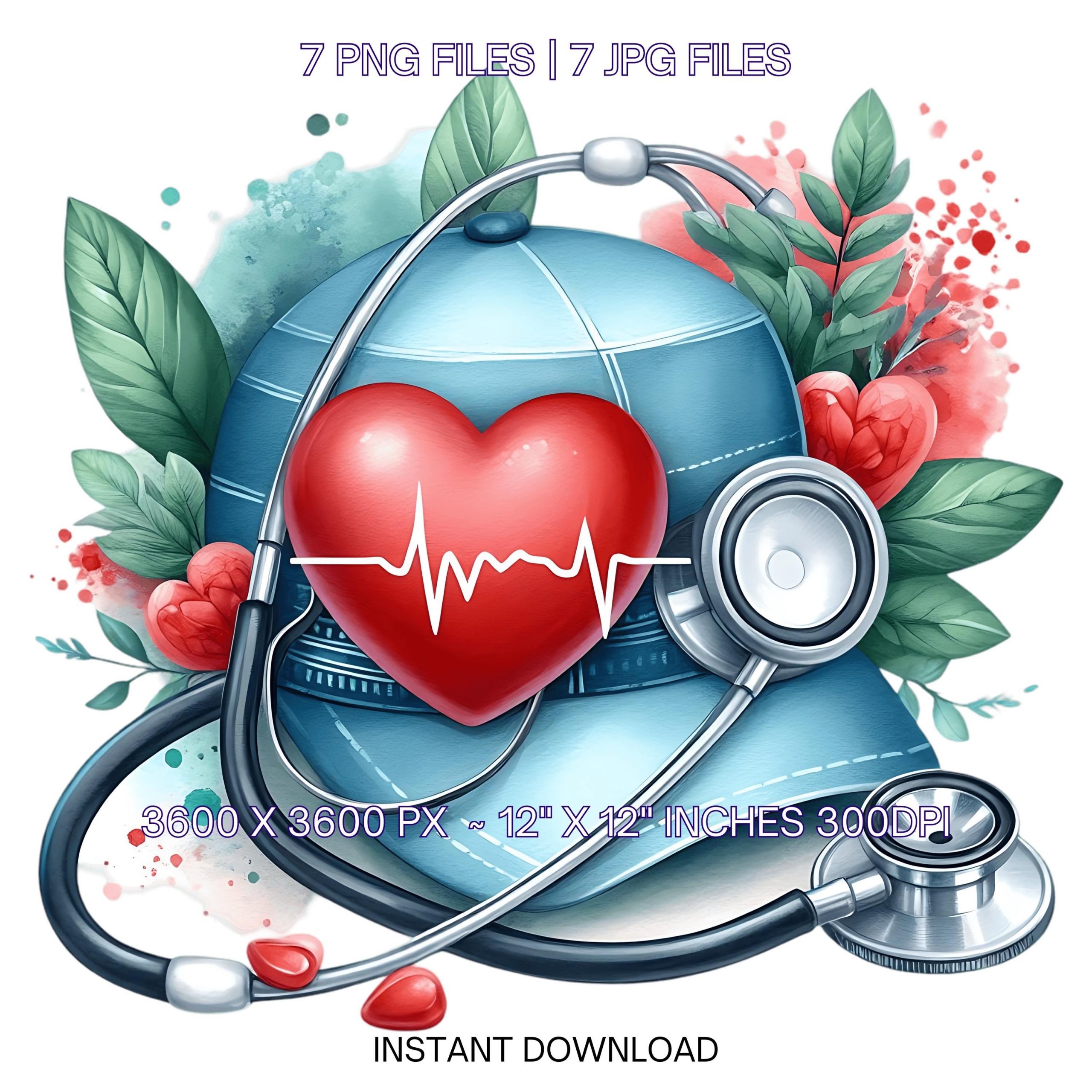 Red Heart with Pulse Symbol & Stethoscope on Doctor’s Hat | Watercolor Medical Clipart | Health Clipart Sublimation 7 JPG-PNG Commercial Use – Instant Digital Download
